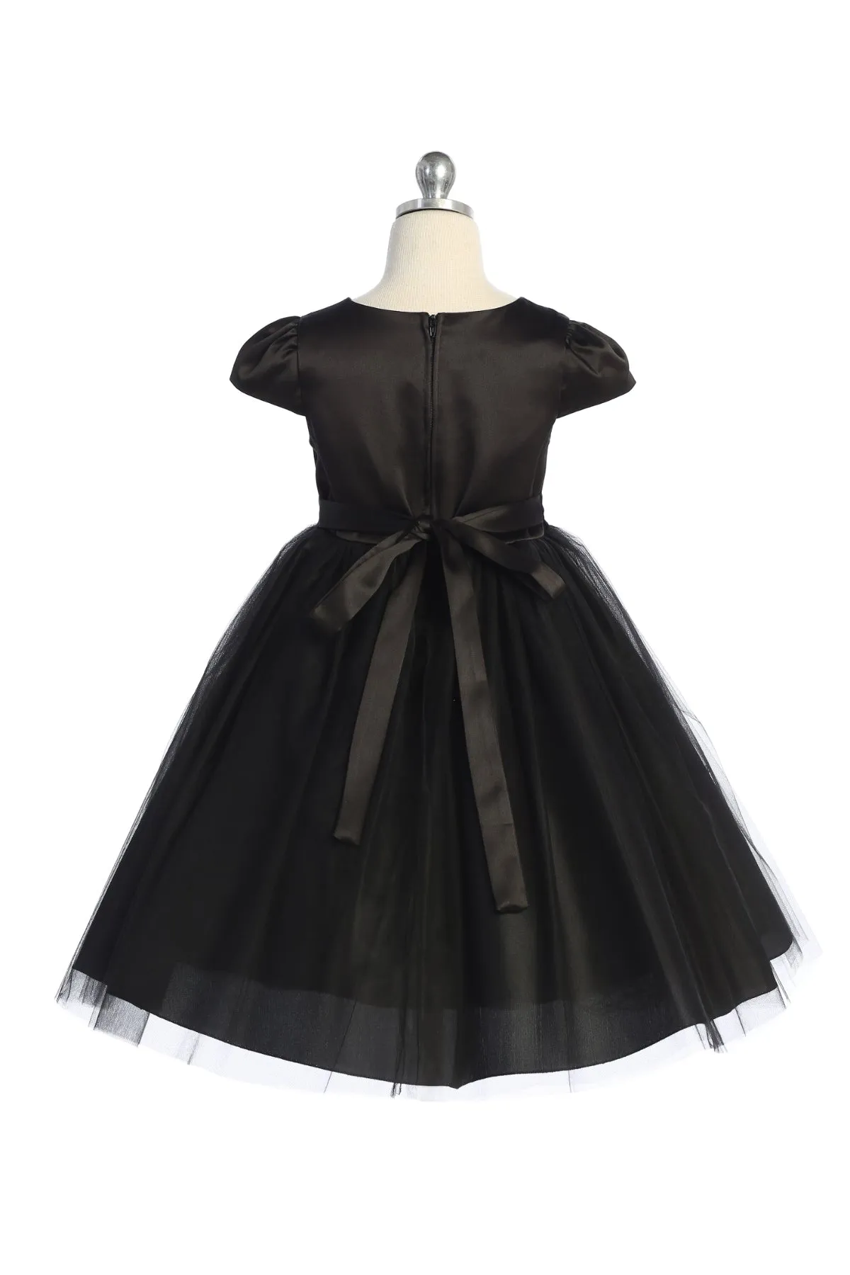 Capped Sleeve Satin & Tulle Girls Dress with Diamond Shaped Rhinestone Trim