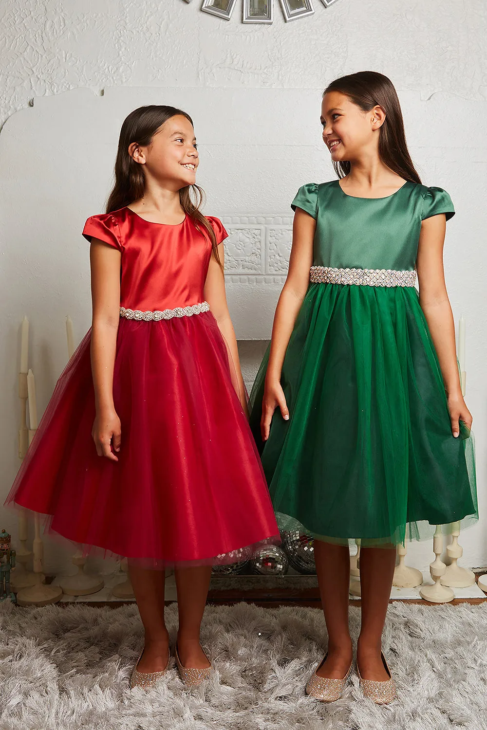 Capped Sleeve Satin & Tulle Girls Dress with Diamond Shaped Rhinestone Trim