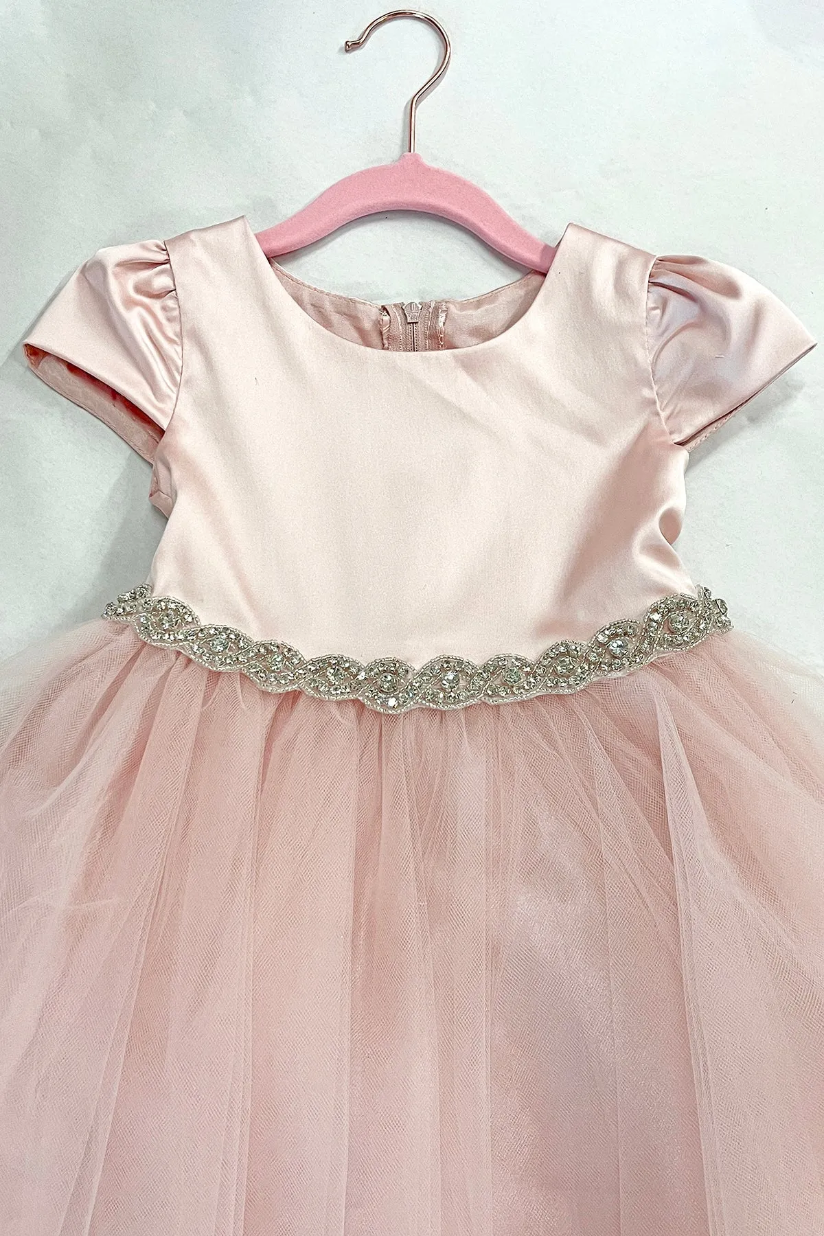 Capped Sleeve Satin & Tulle Girls Dress with Diamond Shaped Rhinestone Trim