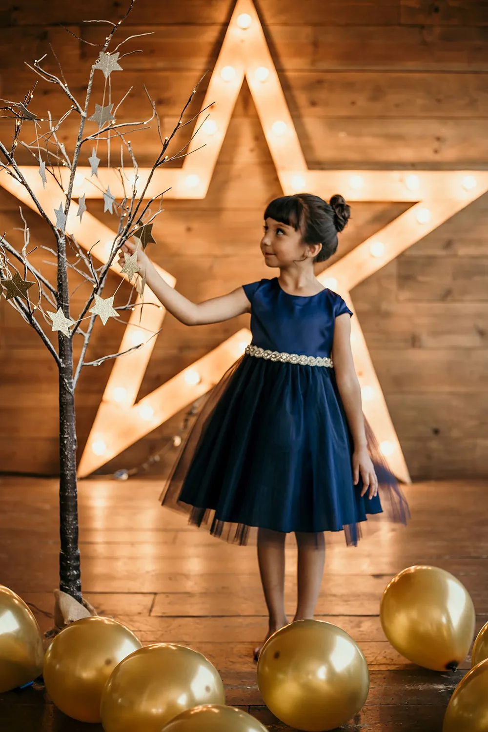 Capped Sleeve Satin & Tulle Girls Dress with Diamond Shaped Rhinestone Trim