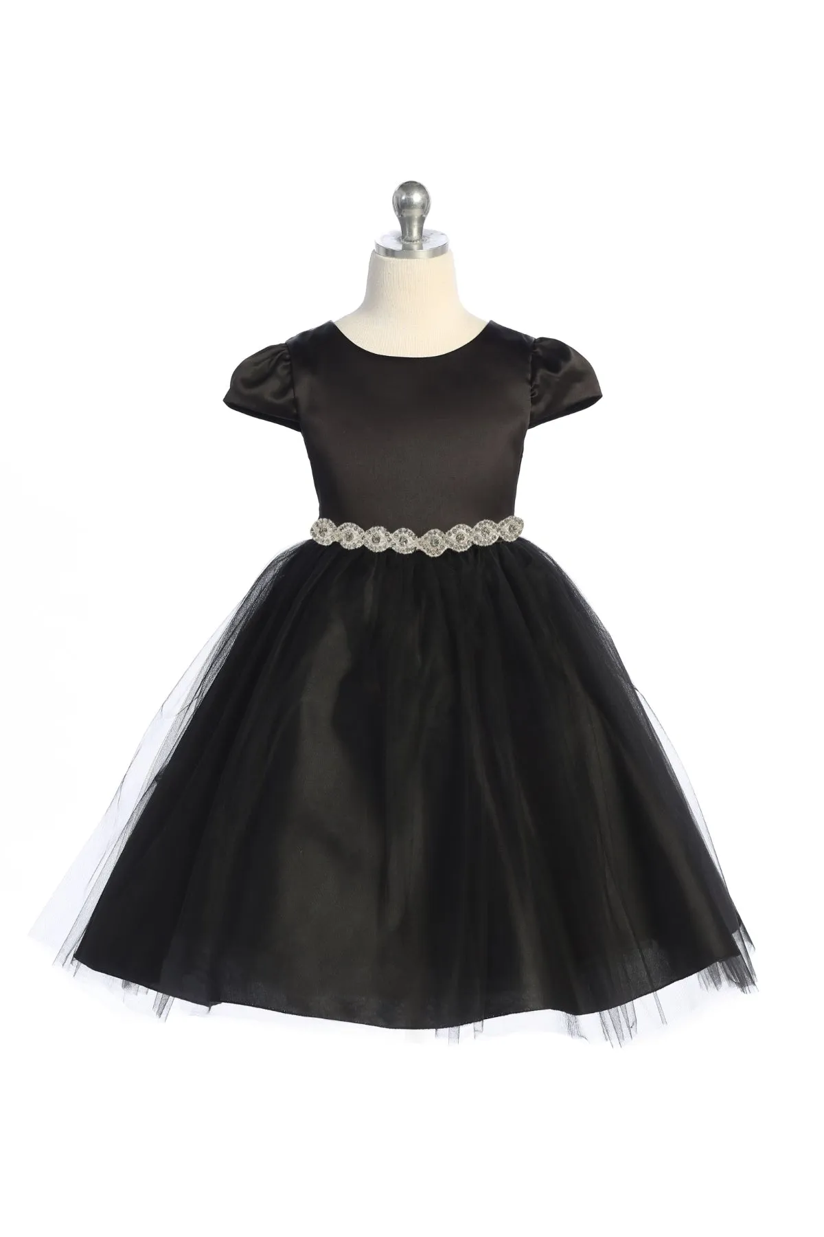 Capped Sleeve Satin & Tulle Girls Dress with Diamond Shaped Rhinestone Trim