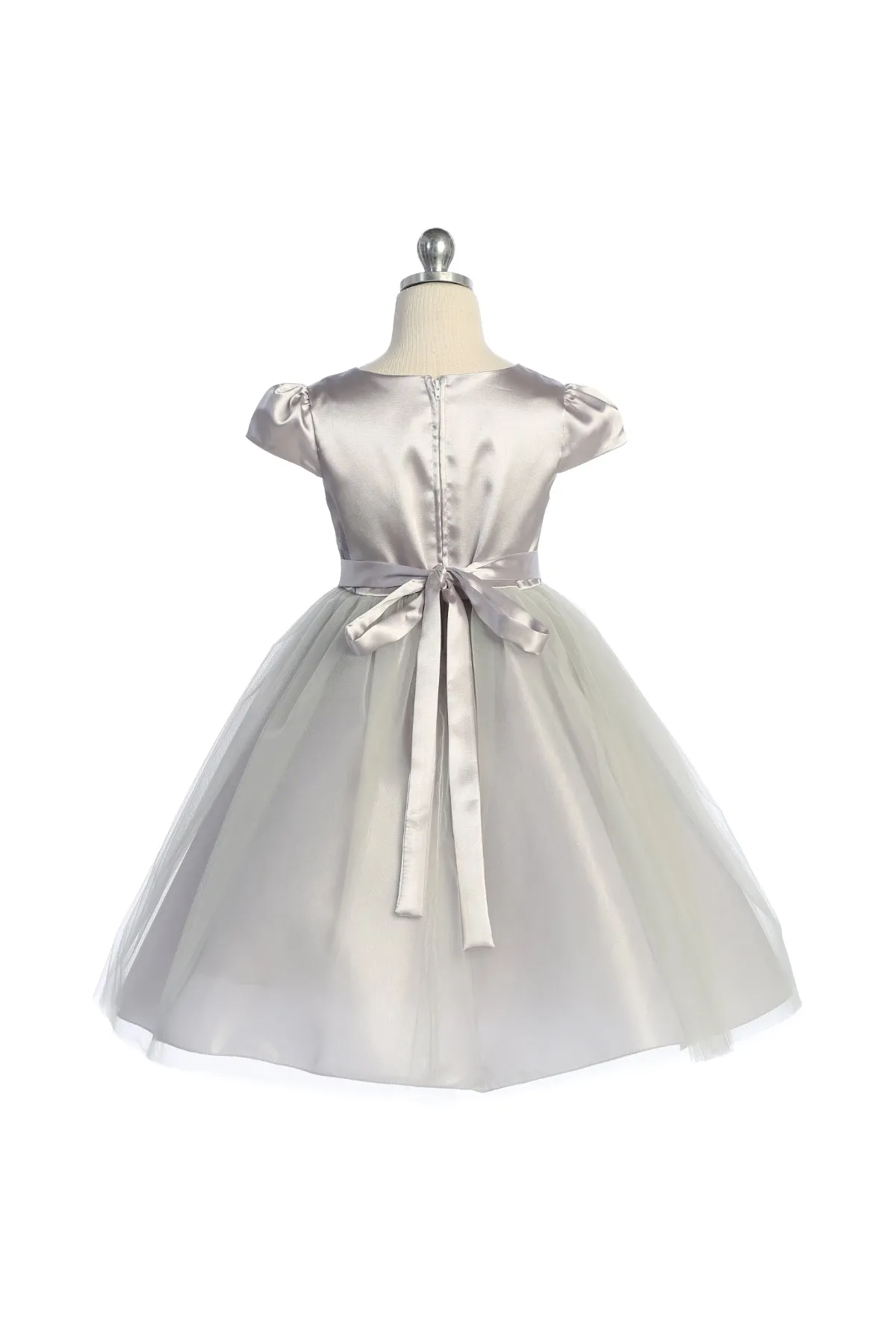 Capped Sleeve Satin & Tulle Girls Dress with Diamond Shaped Rhinestone Trim