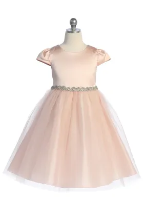 Capped Sleeve Satin & Tulle Girls Dress with Diamond Shaped Rhinestone Trim