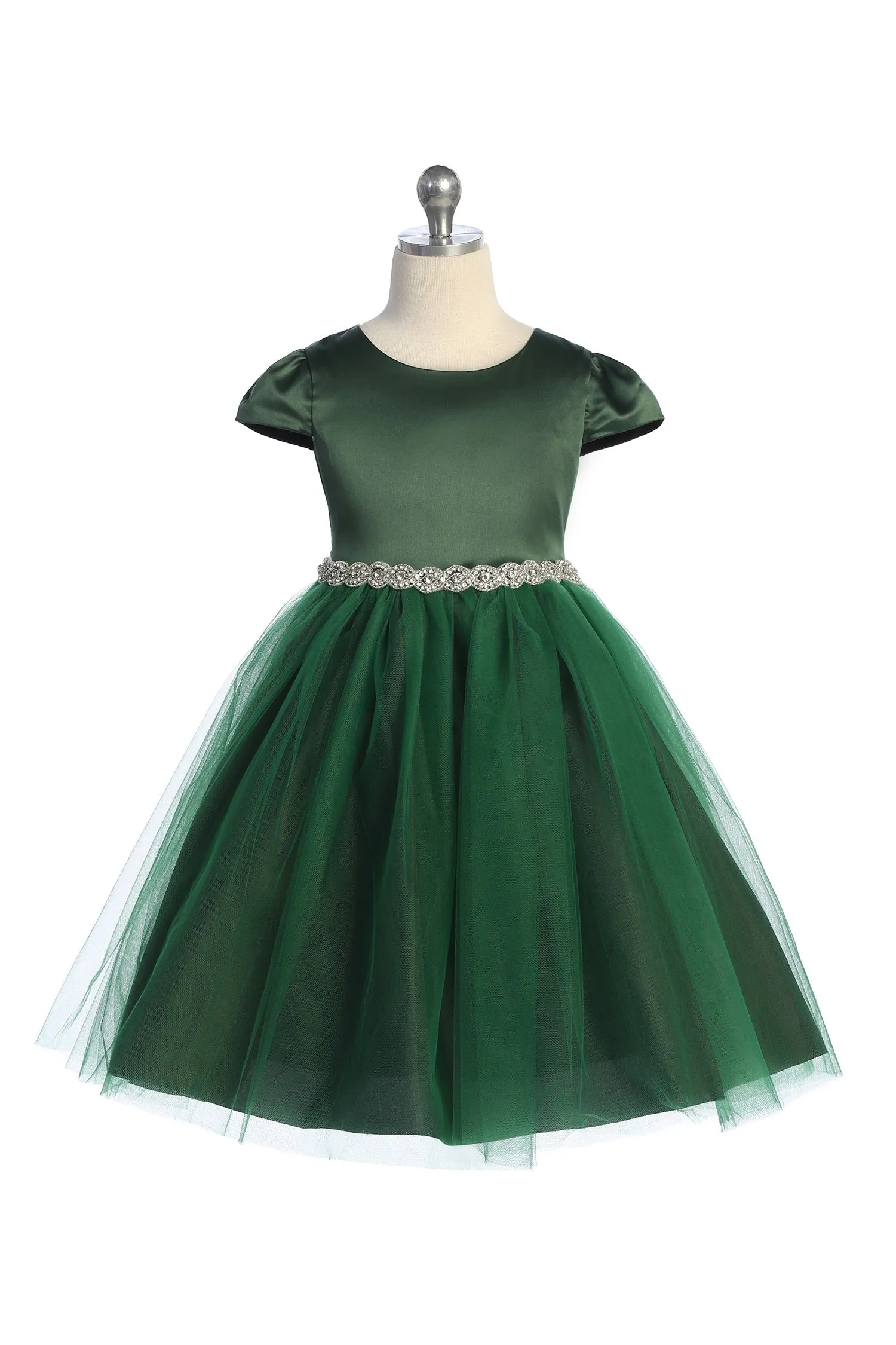 Capped Sleeve Satin & Tulle Girls Dress with Diamond Shaped Rhinestone Trim