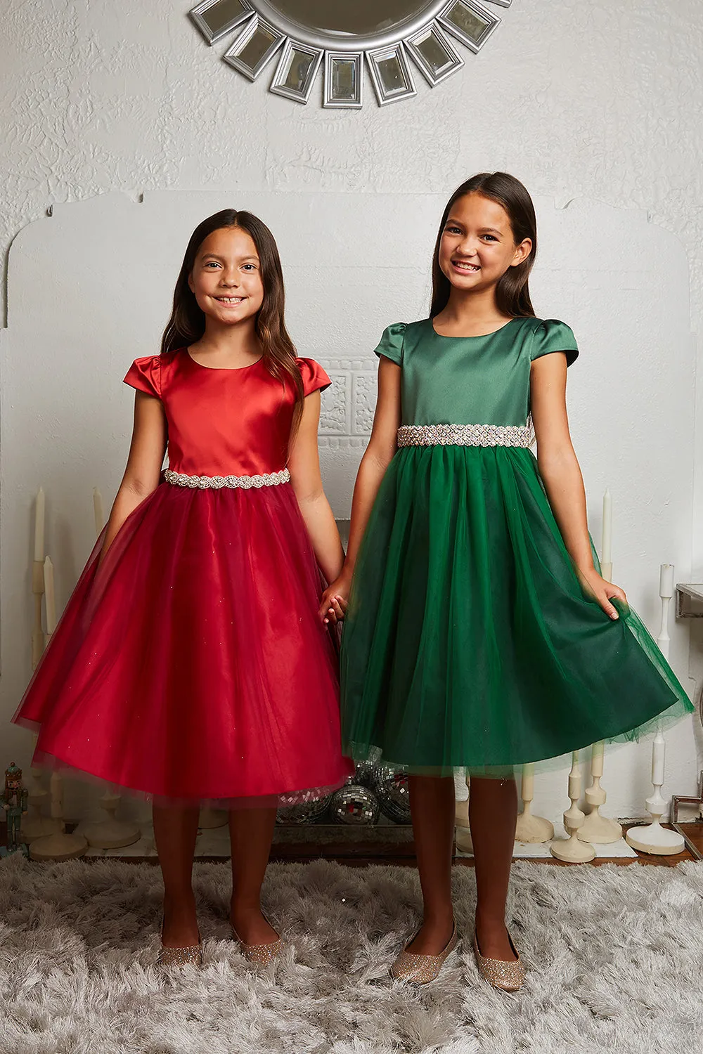 Capped Sleeve Satin & Tulle Girls Dress with Diamond Shaped Rhinestone Trim