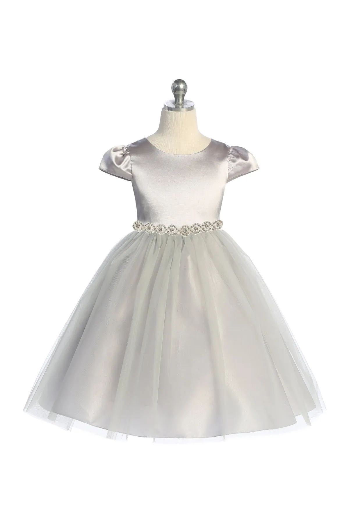 Capped Sleeve Satin & Tulle Girls Dress with Diamond Shaped Rhinestone Trim