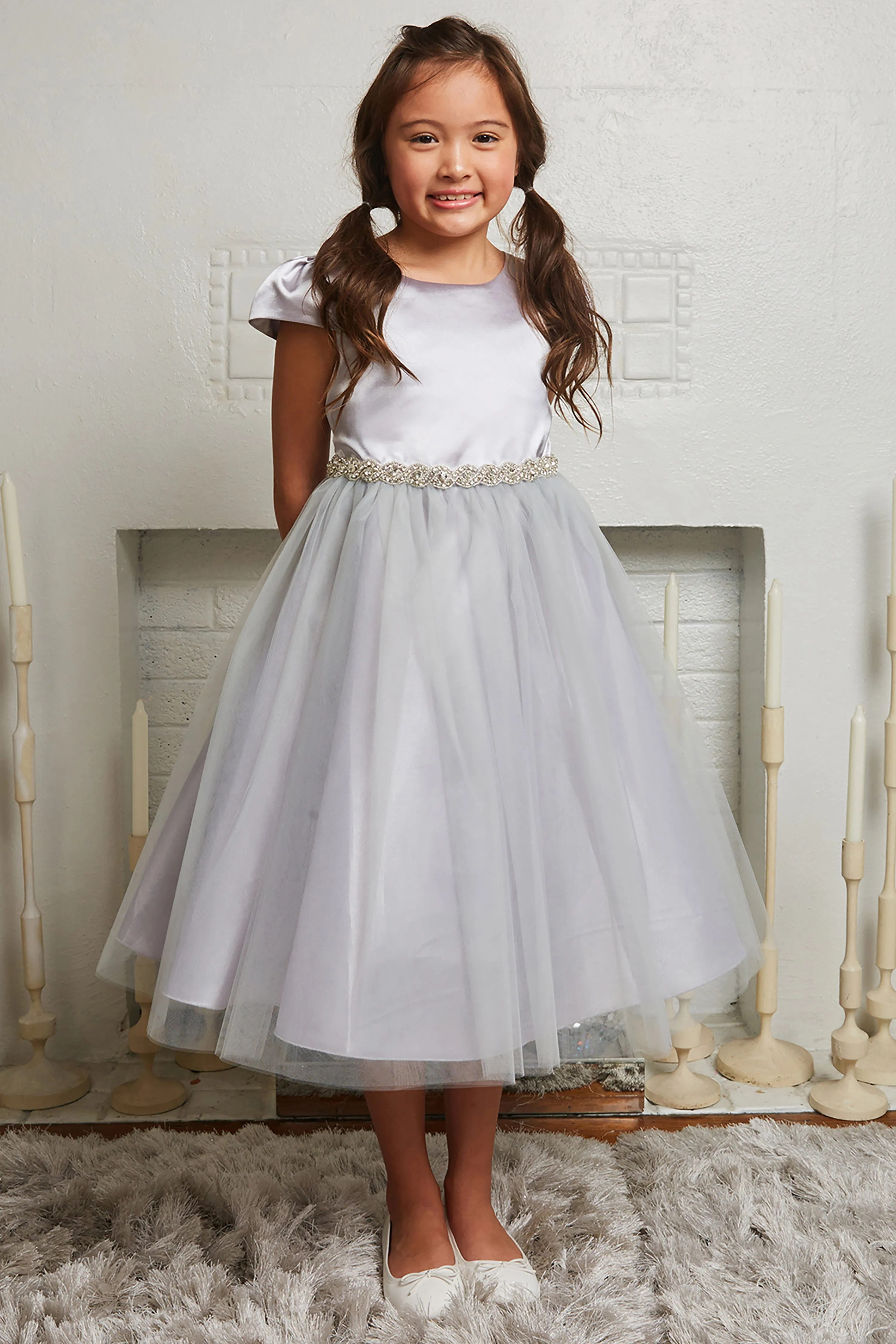 Capped Sleeve Satin & Tulle Girls Dress with Diamond Shaped Rhinestone Trim