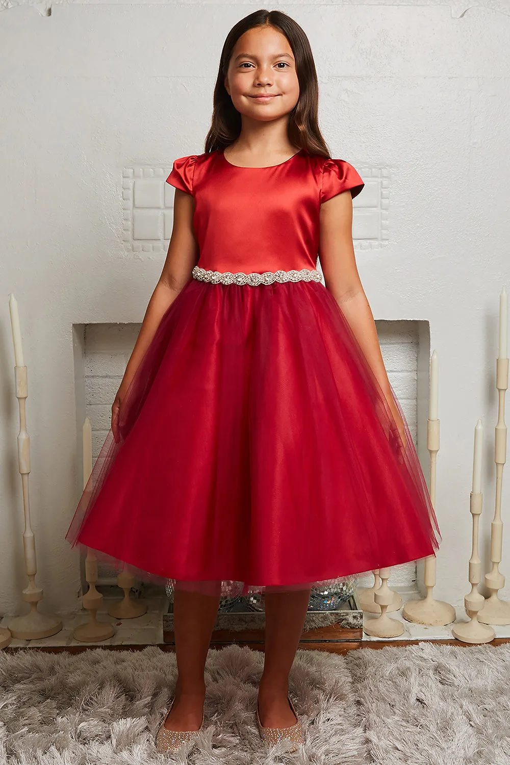 Capped Sleeve Satin & Tulle Girls Dress with Diamond Shaped Rhinestone Trim