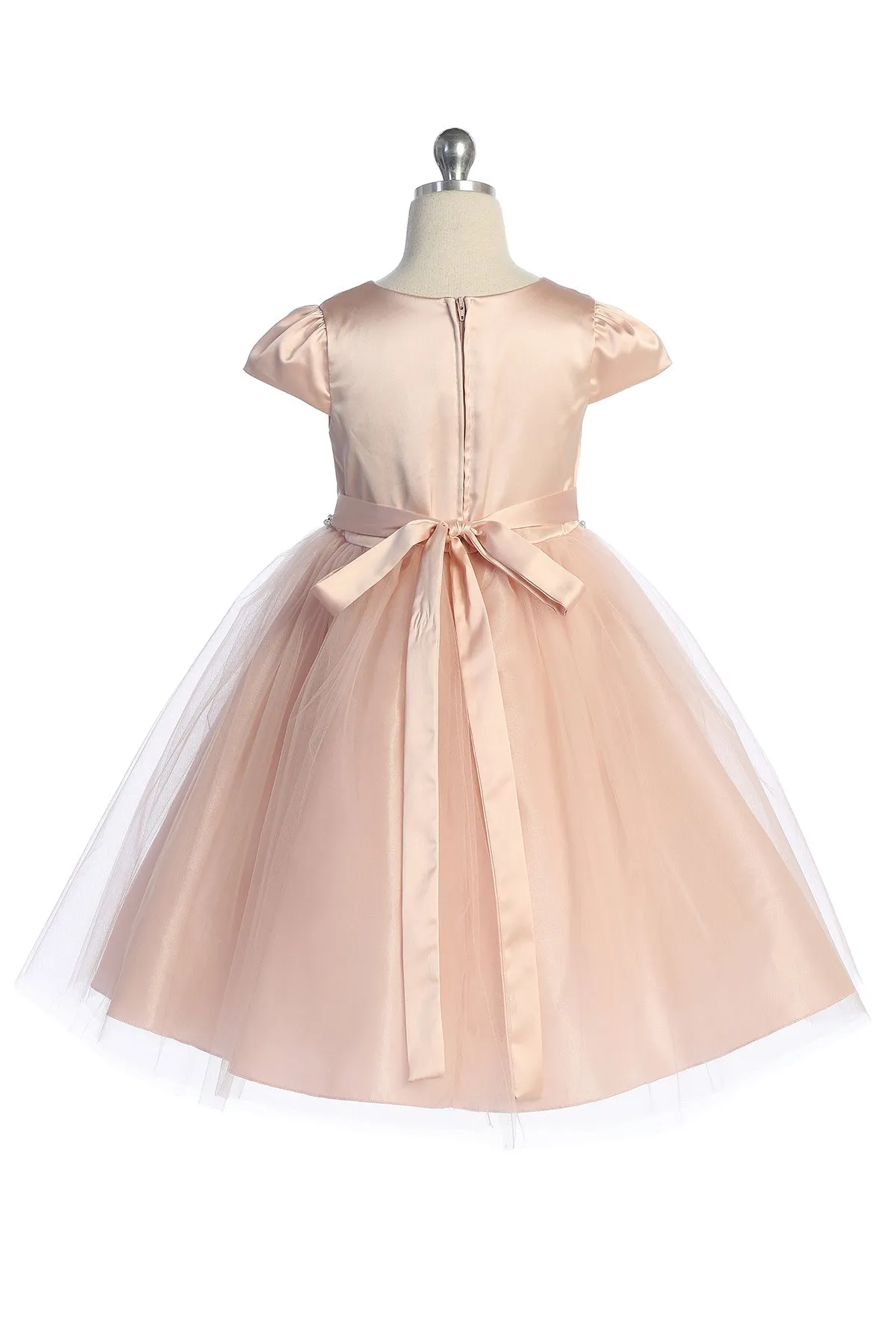 Capped Sleeve Satin & Tulle Girls Dress with Diamond Shaped Rhinestone Trim