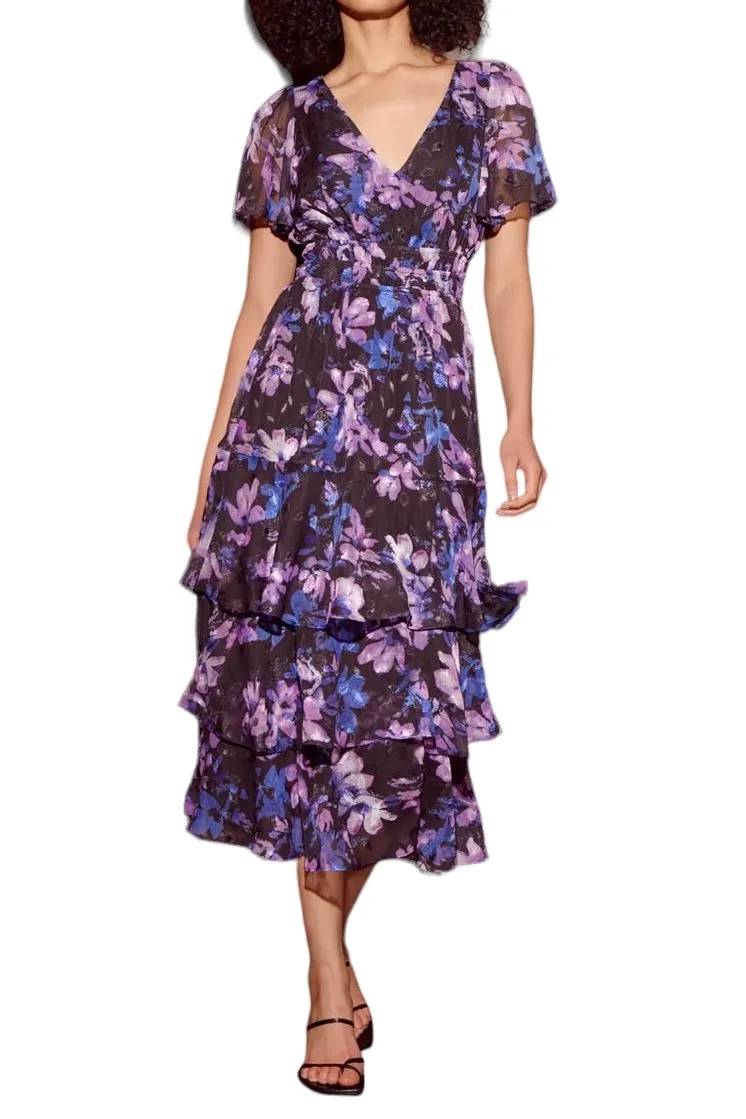 Claire Printed Tiered Dress in black/purple by Lucy Paris