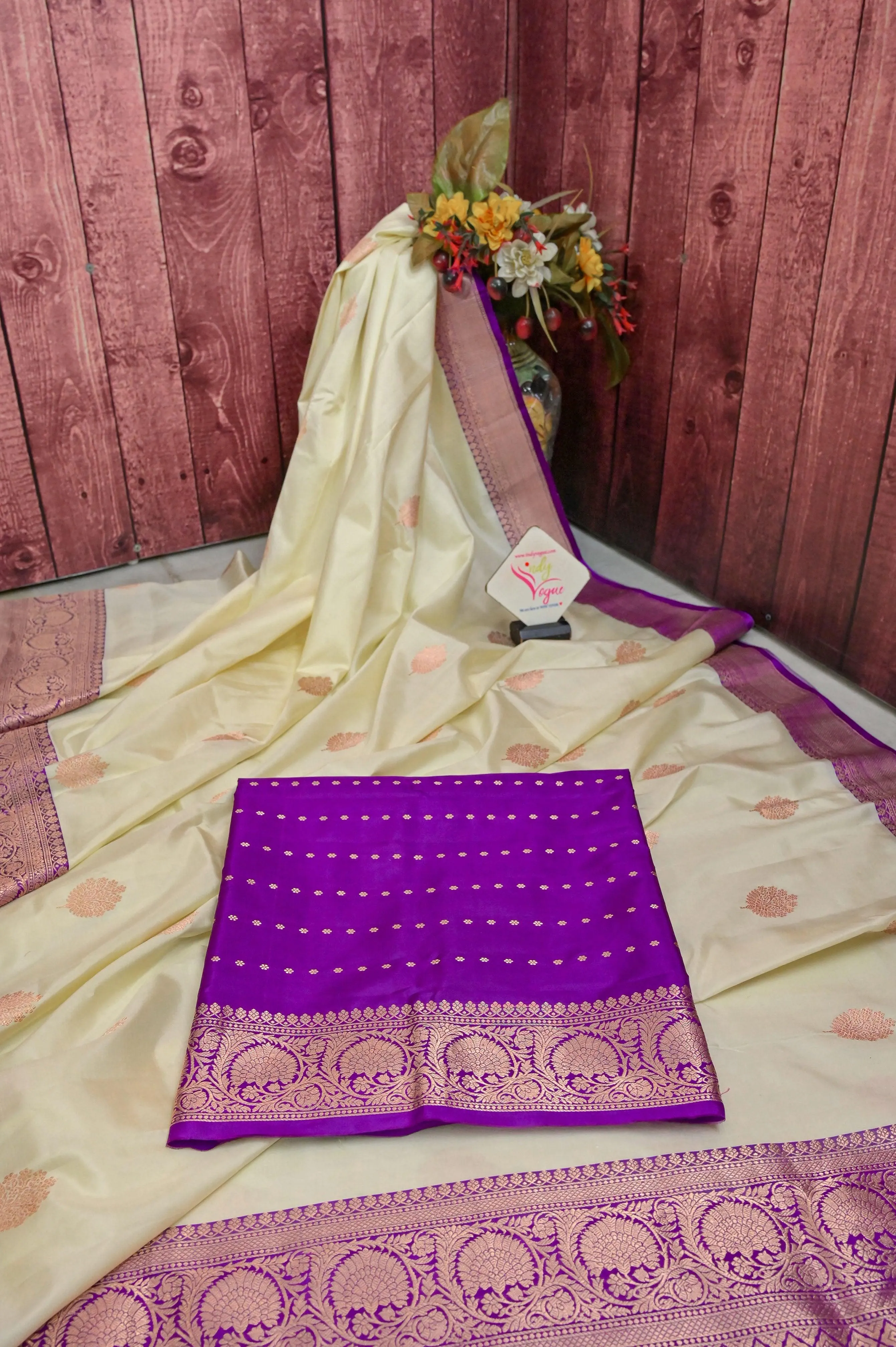 Cream and Purple Color Pure Katan Banarasi with Golden Butta Work