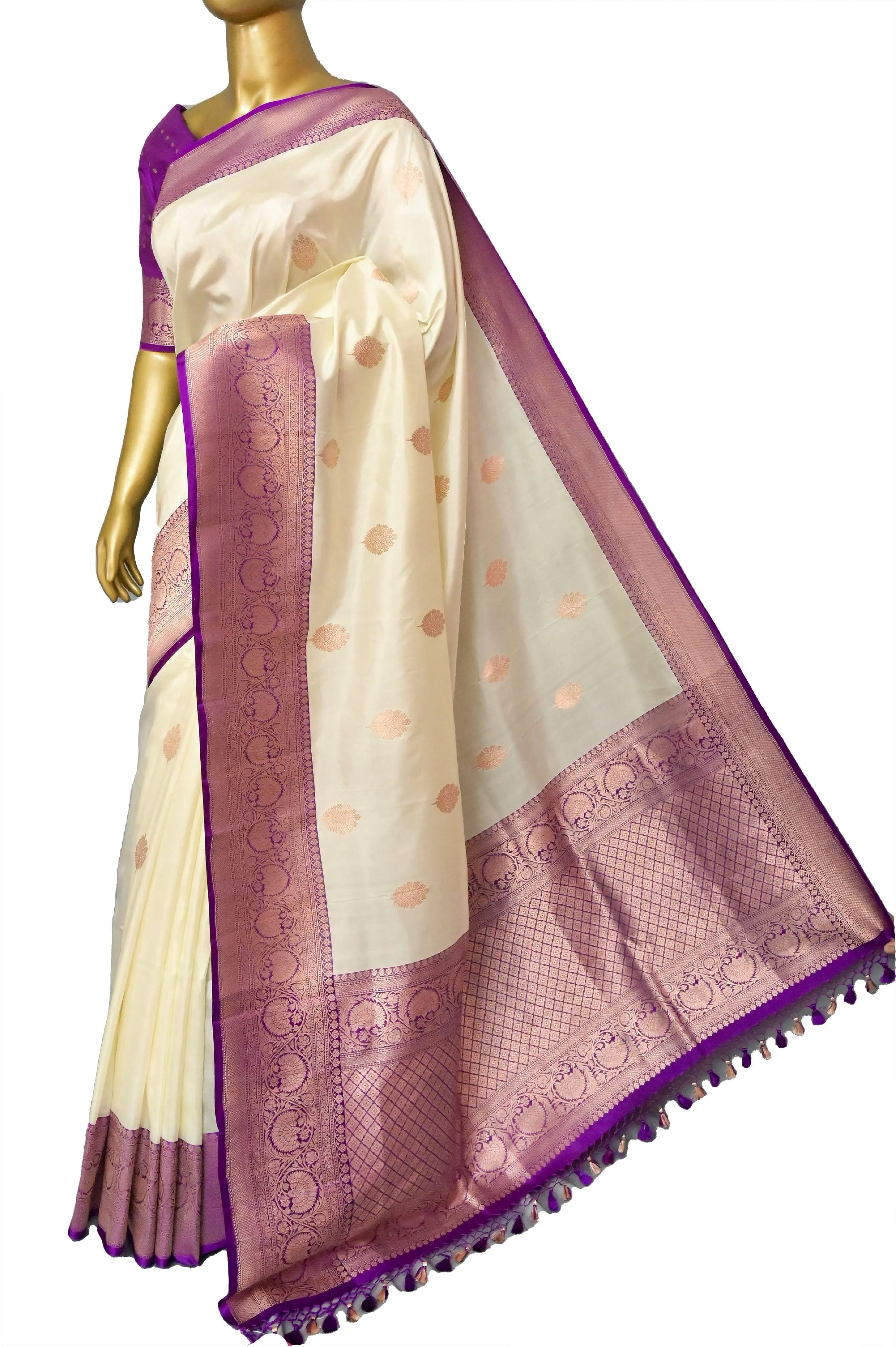 Cream and Purple Color Pure Katan Banarasi with Golden Butta Work