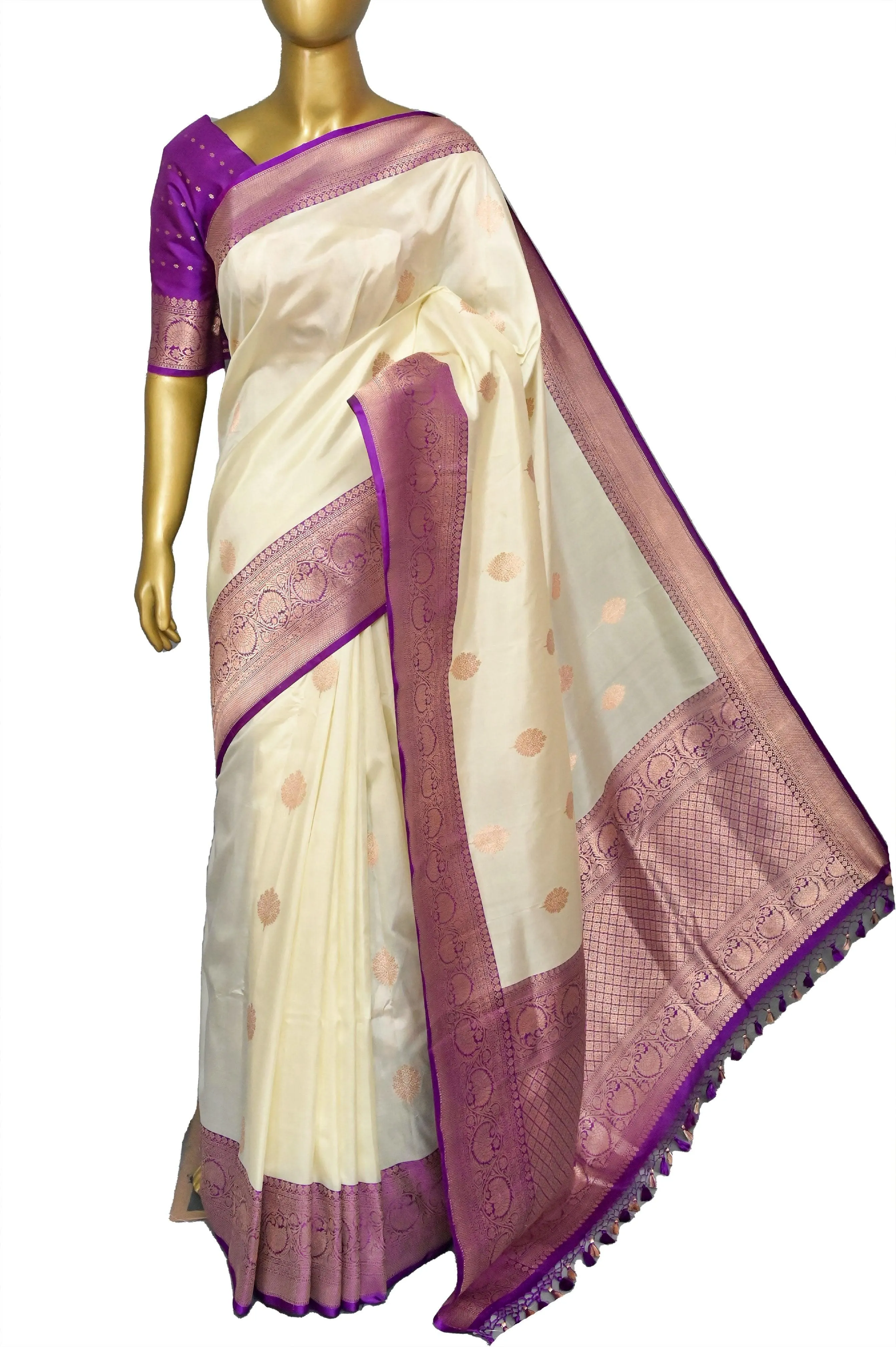 Cream and Purple Color Pure Katan Banarasi with Golden Butta Work