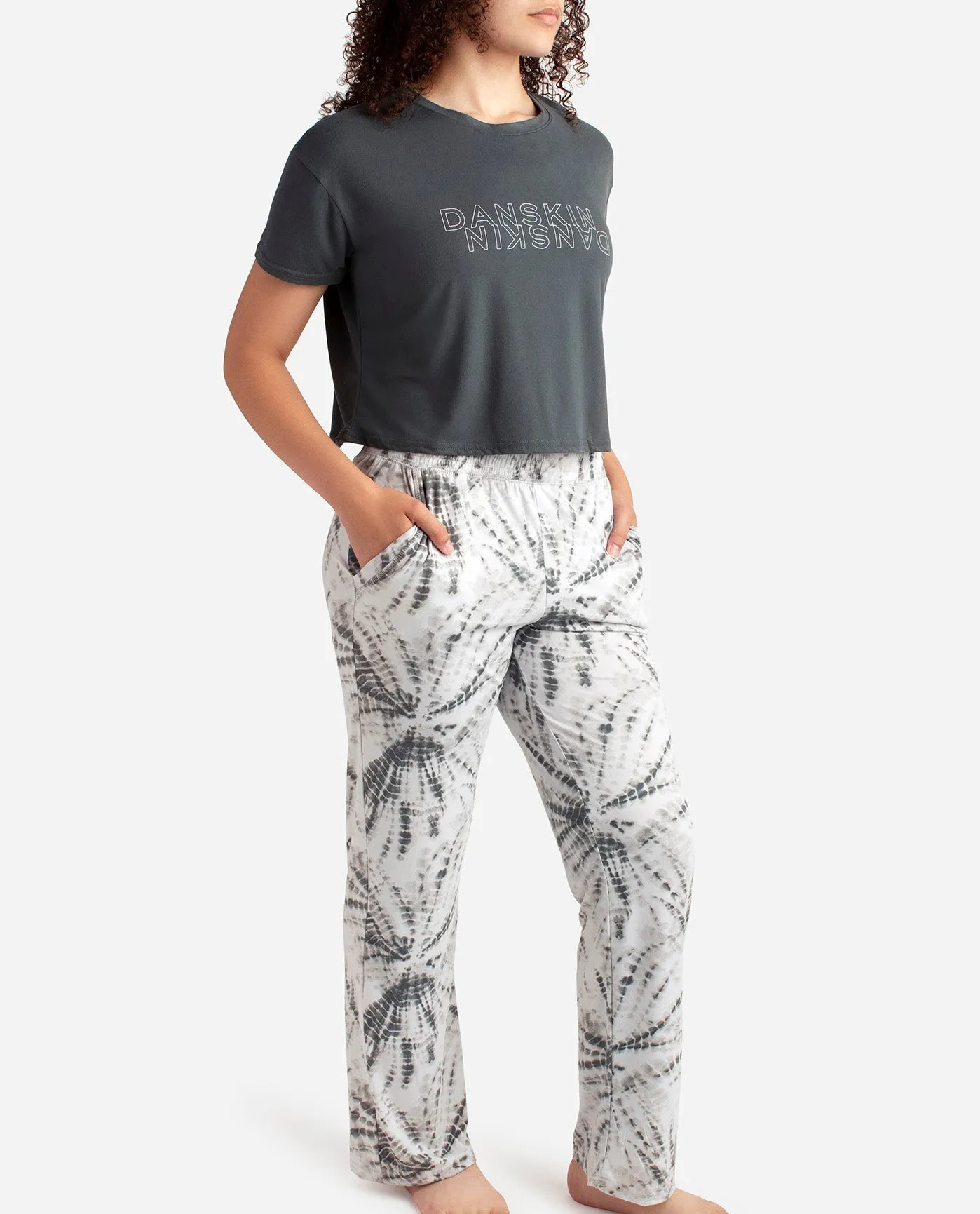 Cropped Short Sleeve Sleep Set with Wide Leg Pant