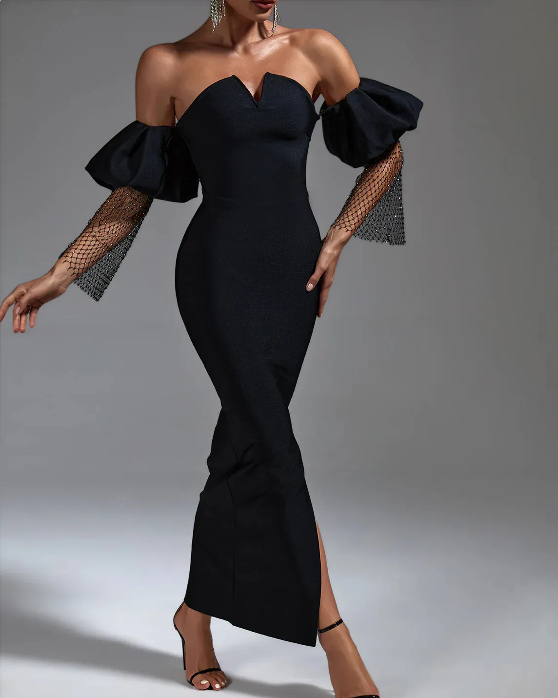 DAGMAR Black Puffed Sleeve Bandage Maxi  Dress