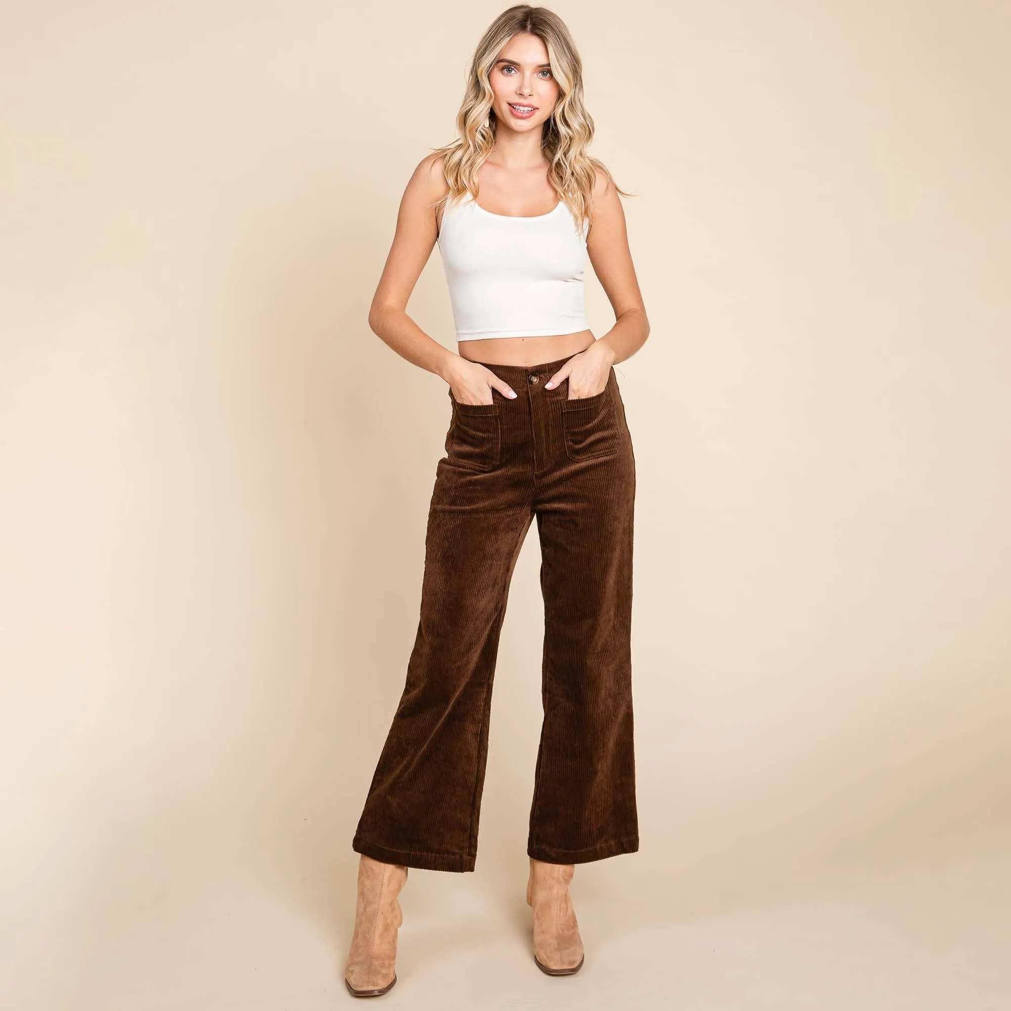 DARK BROWN CORDUROY WIDE LEG HIGH RISE PANTS