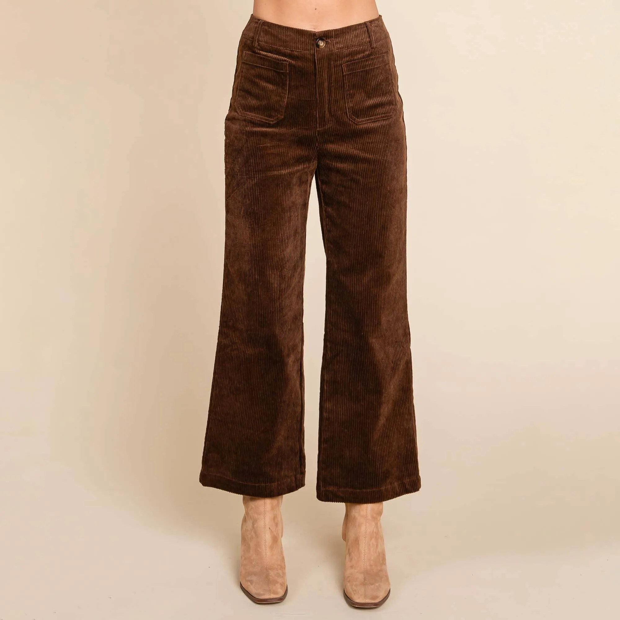 DARK BROWN CORDUROY WIDE LEG HIGH RISE PANTS