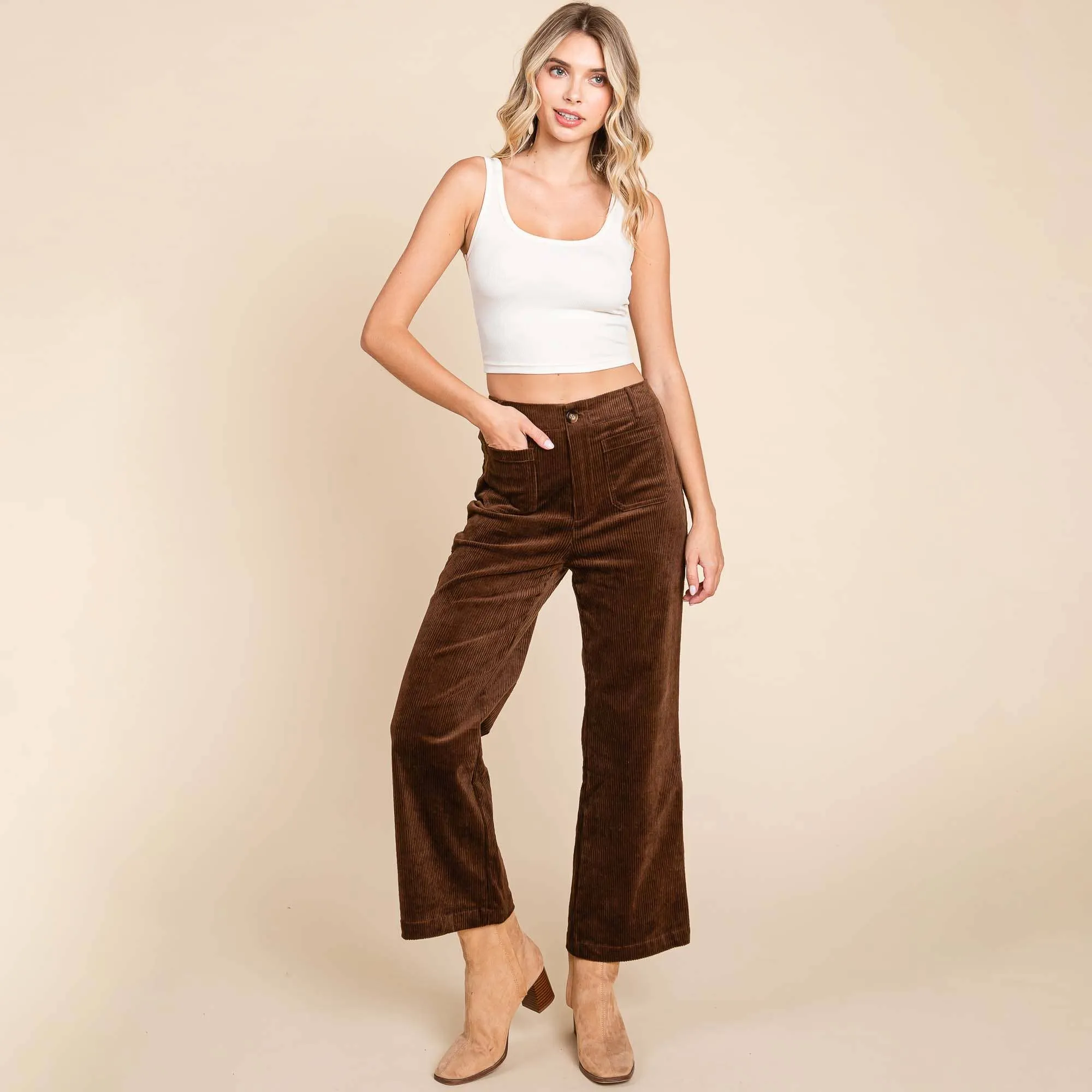 DARK BROWN CORDUROY WIDE LEG HIGH RISE PANTS