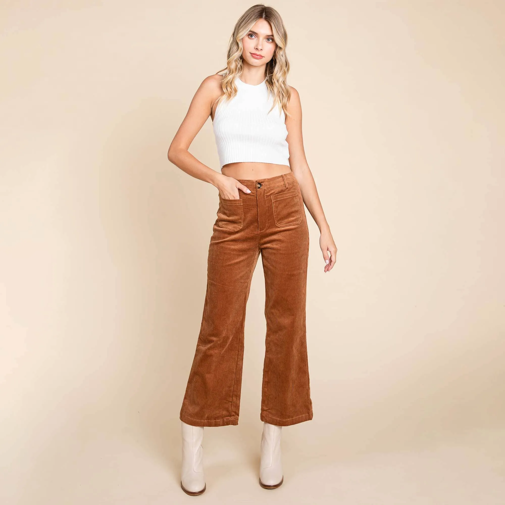 DARK BROWN CORDUROY WIDE LEG HIGH RISE PANTS