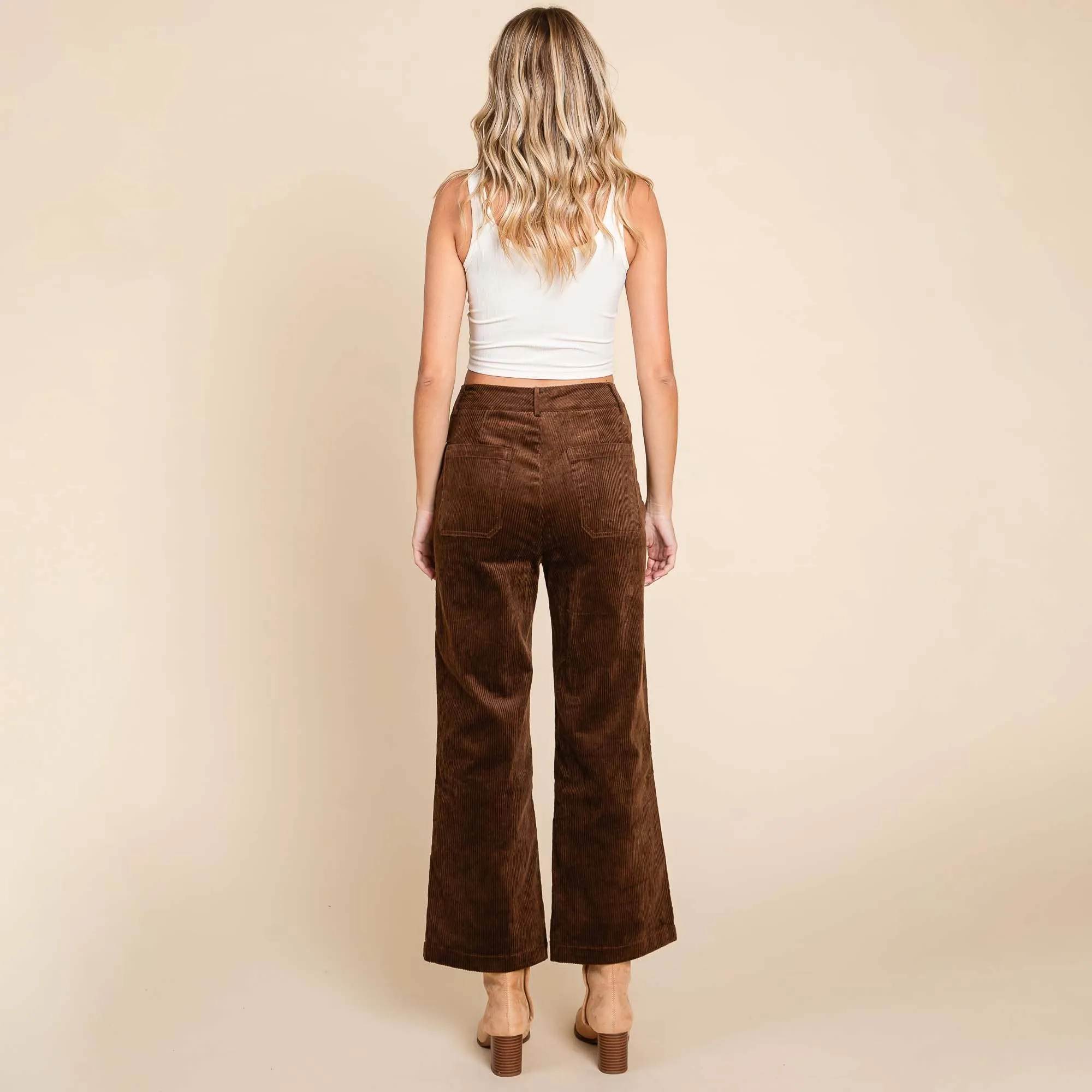 DARK BROWN CORDUROY WIDE LEG HIGH RISE PANTS