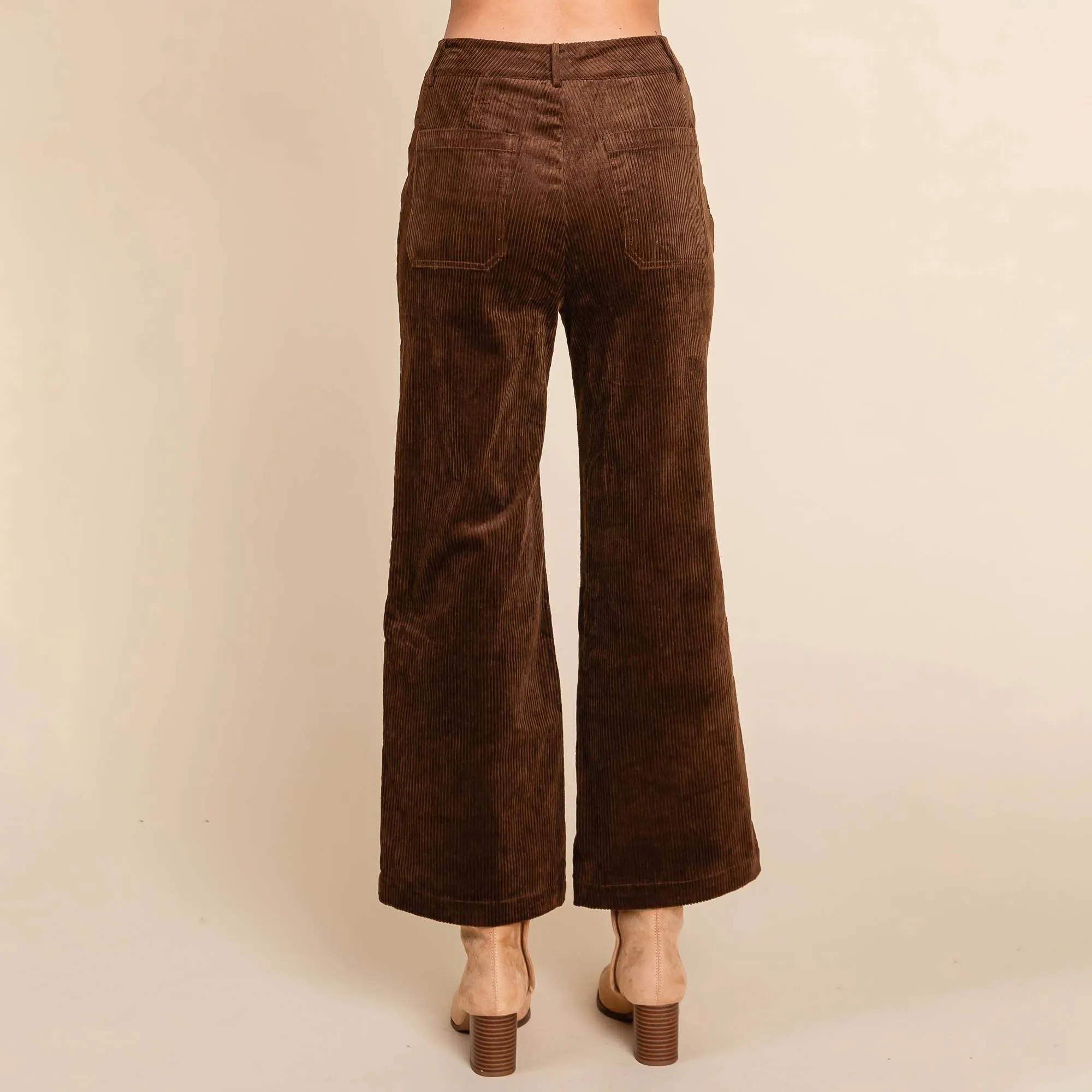 DARK BROWN CORDUROY WIDE LEG HIGH RISE PANTS