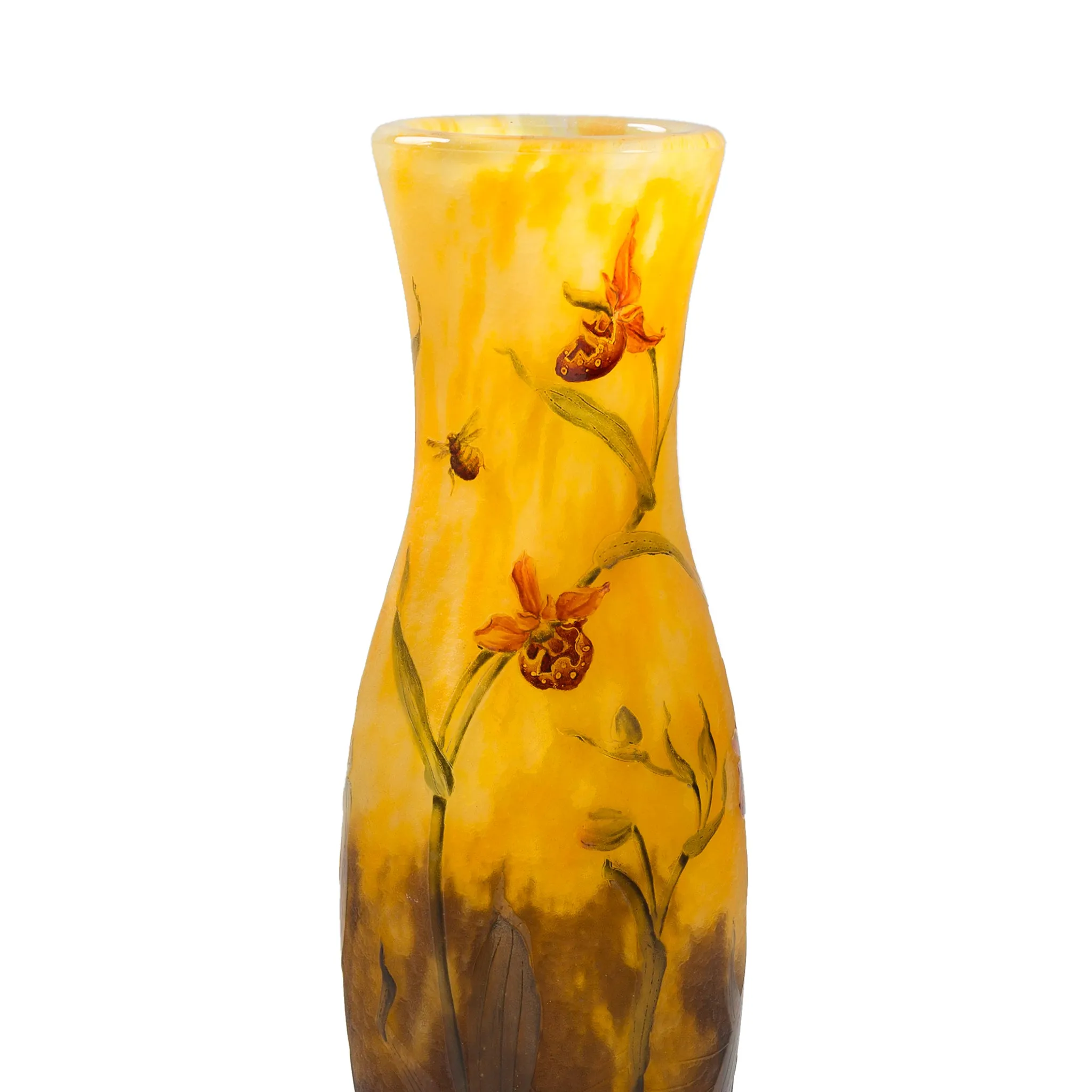 Daum Nancy Enameled and Etched Orchid Landscape Glass Vase