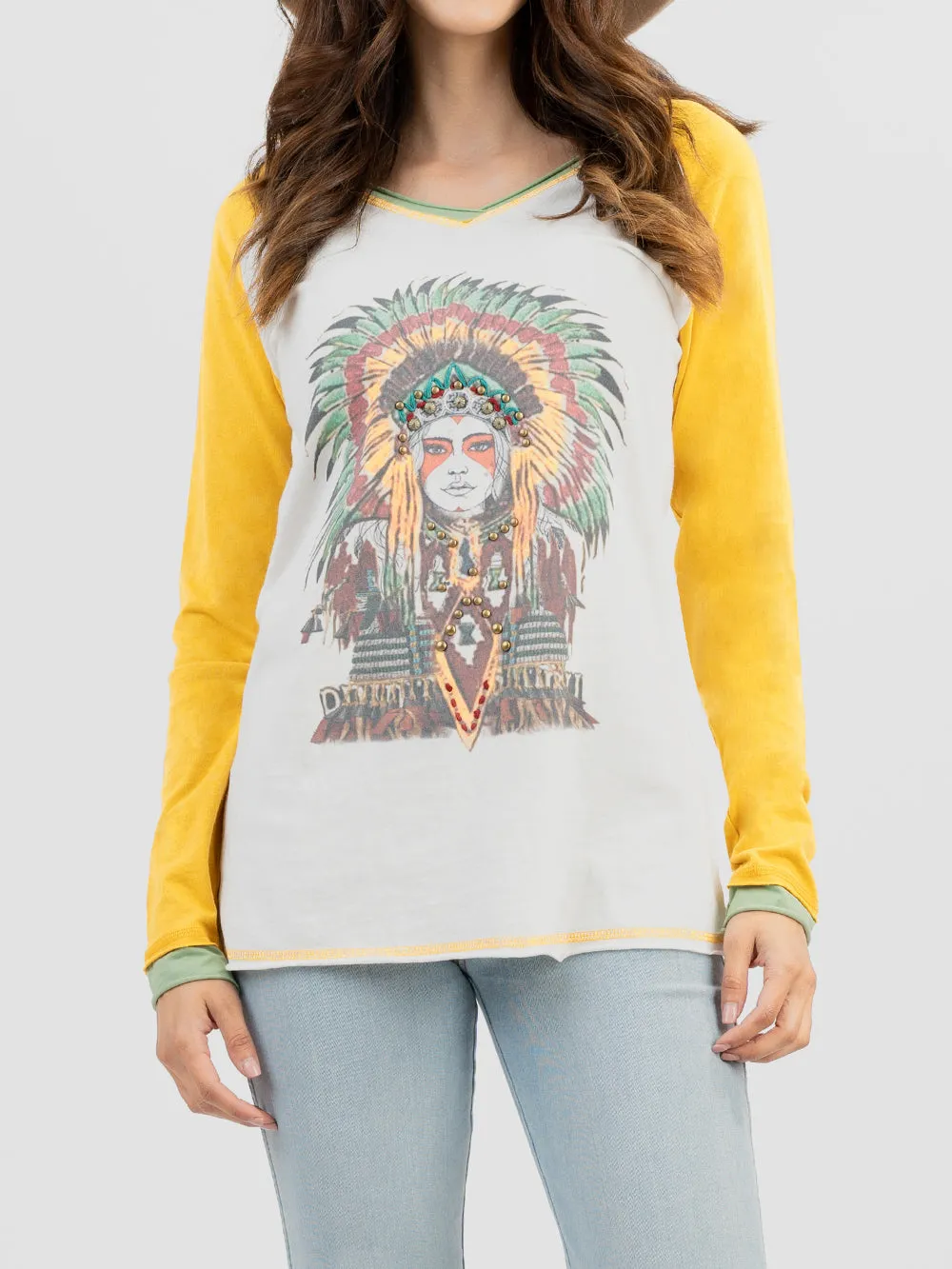 Delila Women Tribal Queen Studded Graphic Long Sleeve Tee DL-T009 （Prepack 9 Pcs）