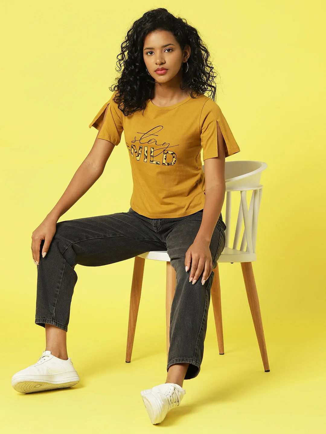 Dirty Yellow Typography Printed Half Sleeves Crop Top