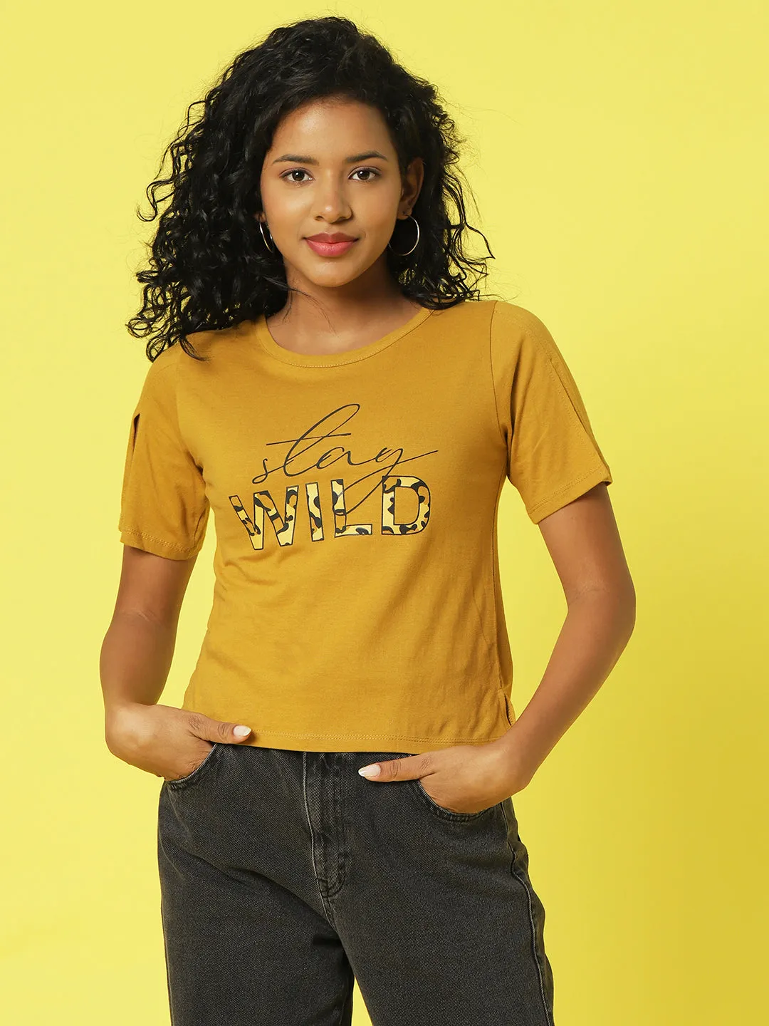 Dirty Yellow Typography Printed Half Sleeves Crop Top