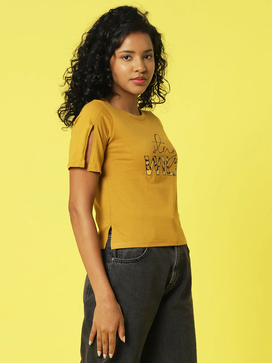 Dirty Yellow Typography Printed Half Sleeves Crop Top