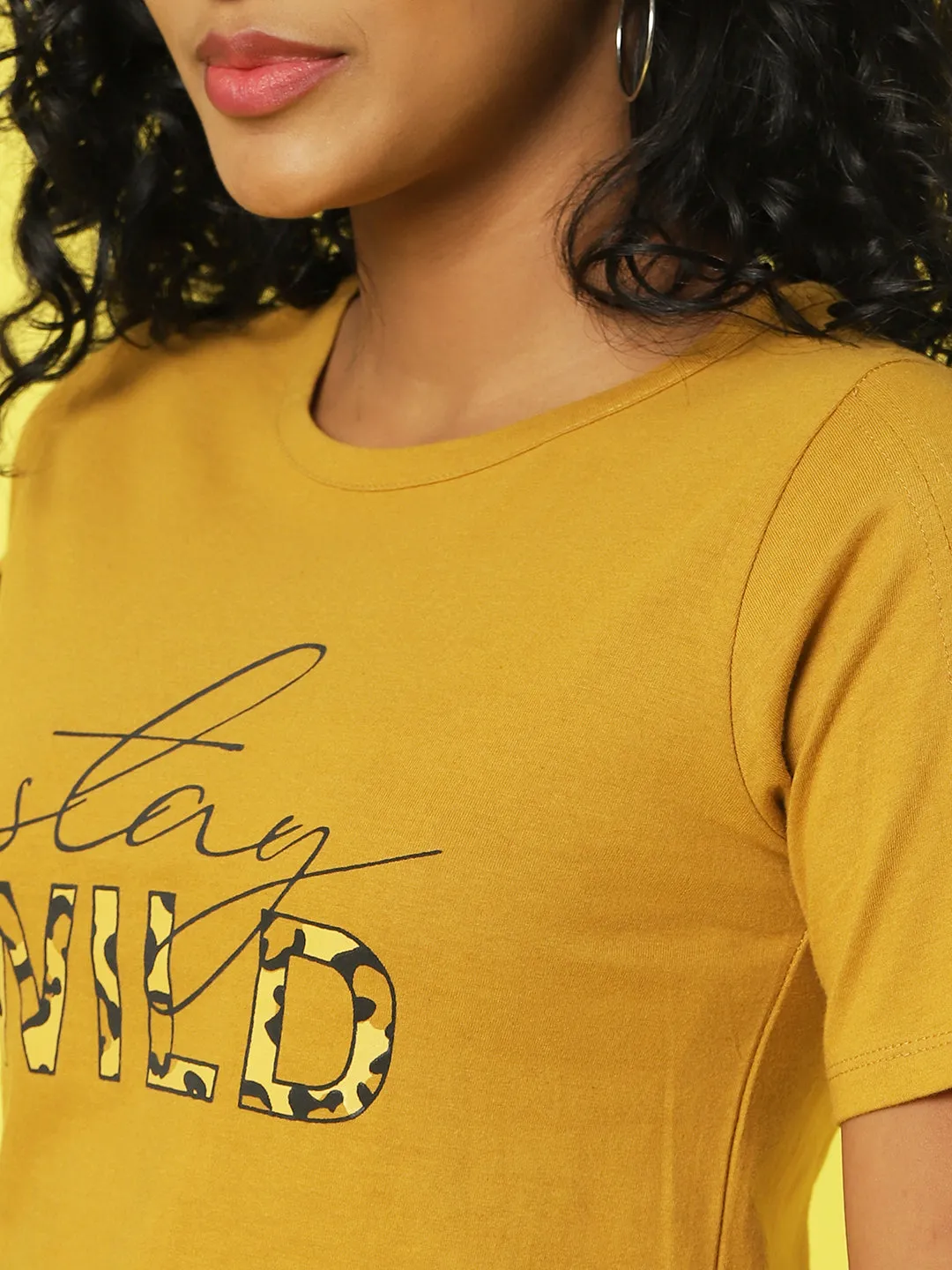 Dirty Yellow Typography Printed Half Sleeves Crop Top