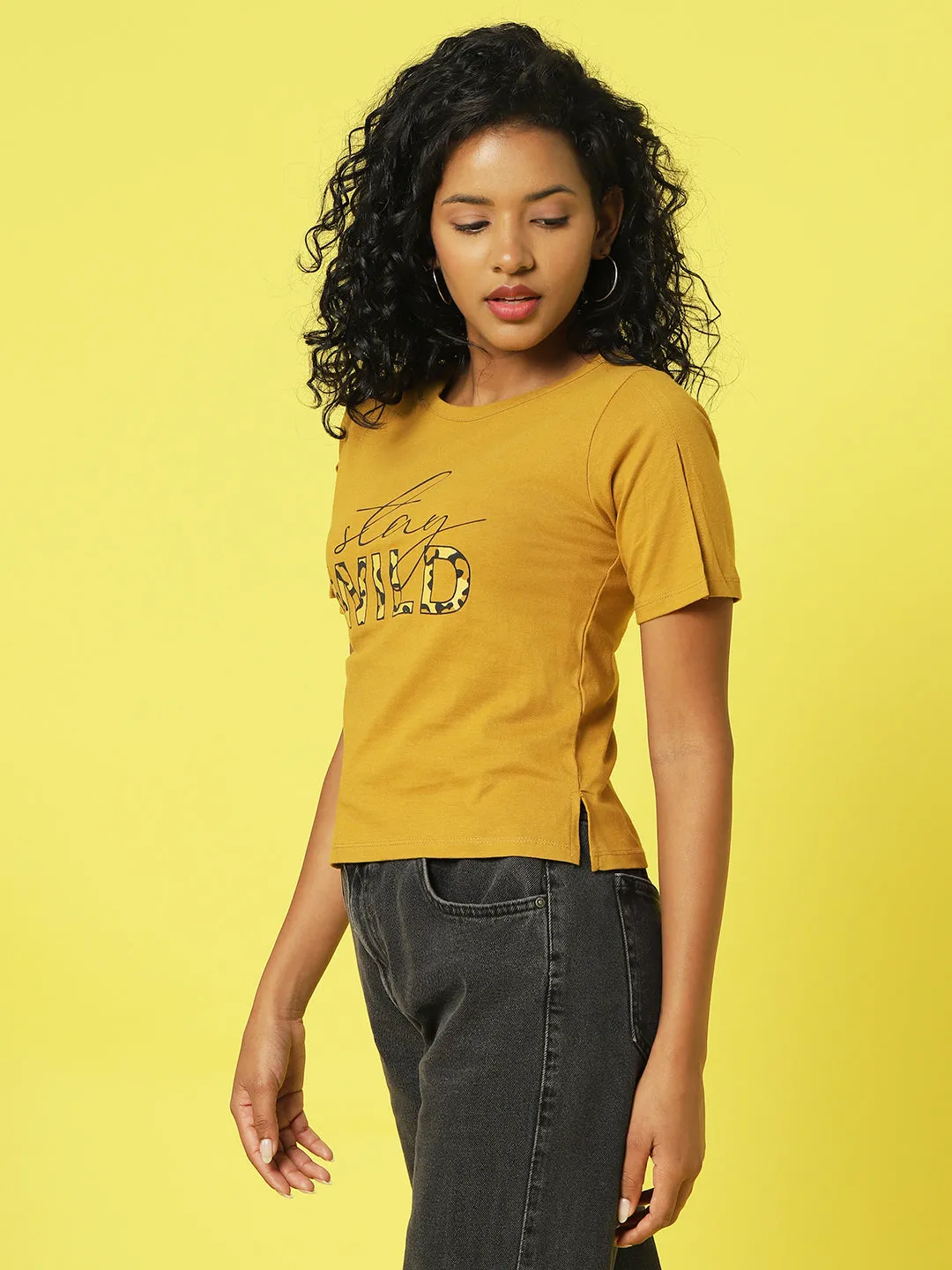 Dirty Yellow Typography Printed Half Sleeves Crop Top