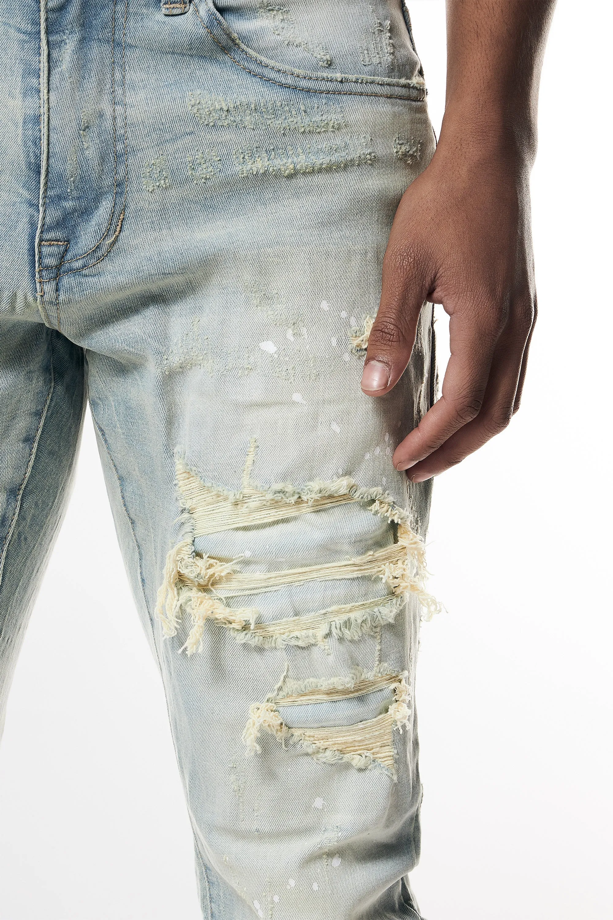 Distressed Rip & Repair Slim Tapered Denim Jeans - Elm Blue