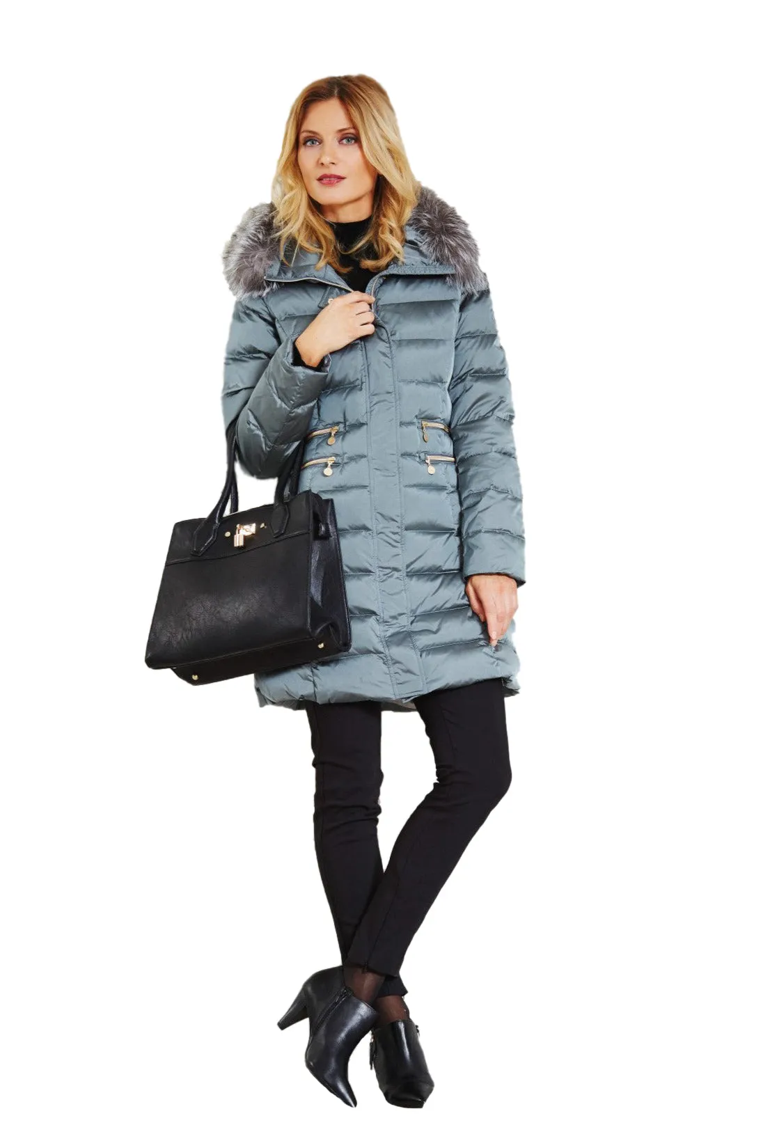 Down Mid-Length Coat with Silver Fox Fur Trim 2850