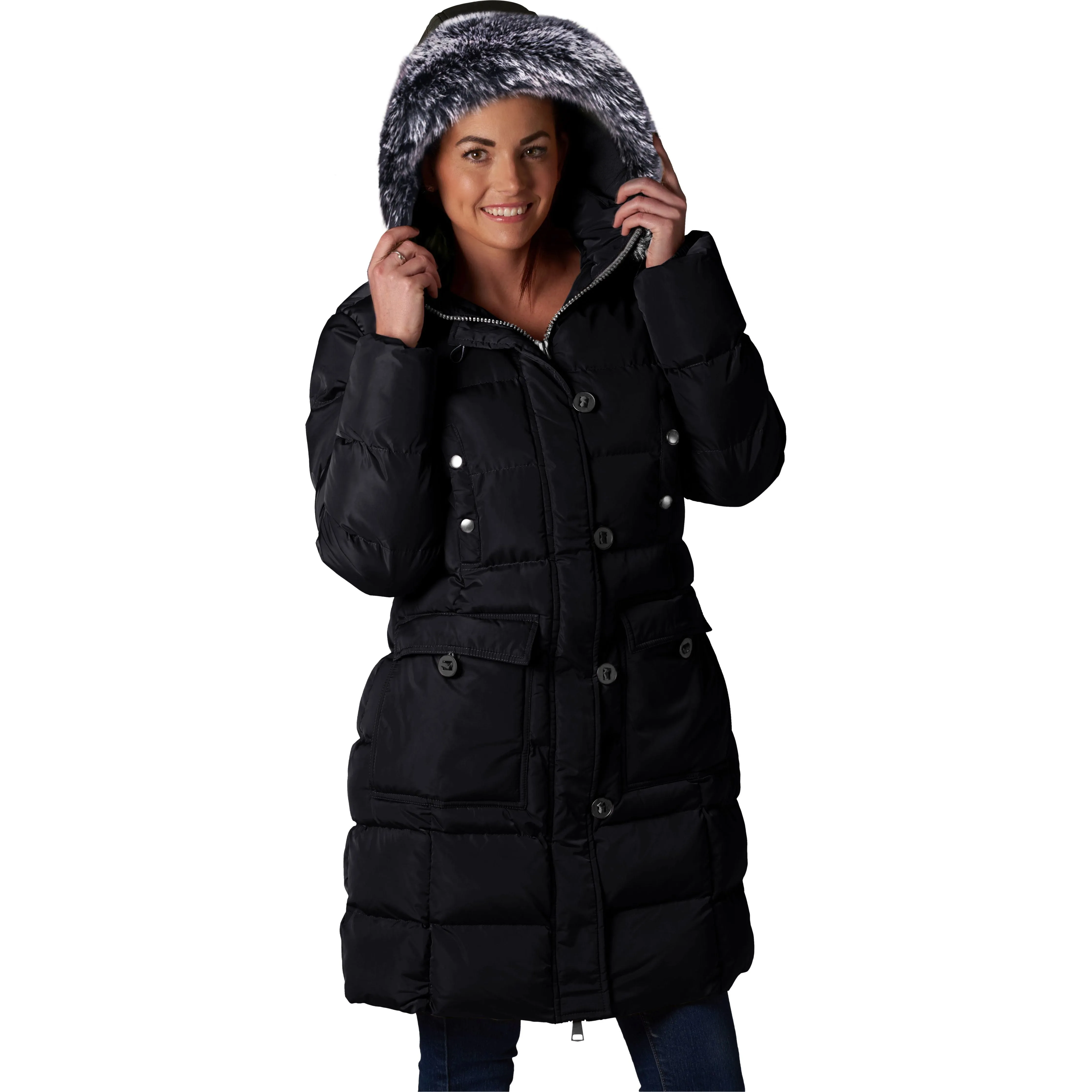 ELORA Women's Winter Vegan Down Puffer Parka Mid Length Cargo Seven Pocket Coat Faux-Fur Trim