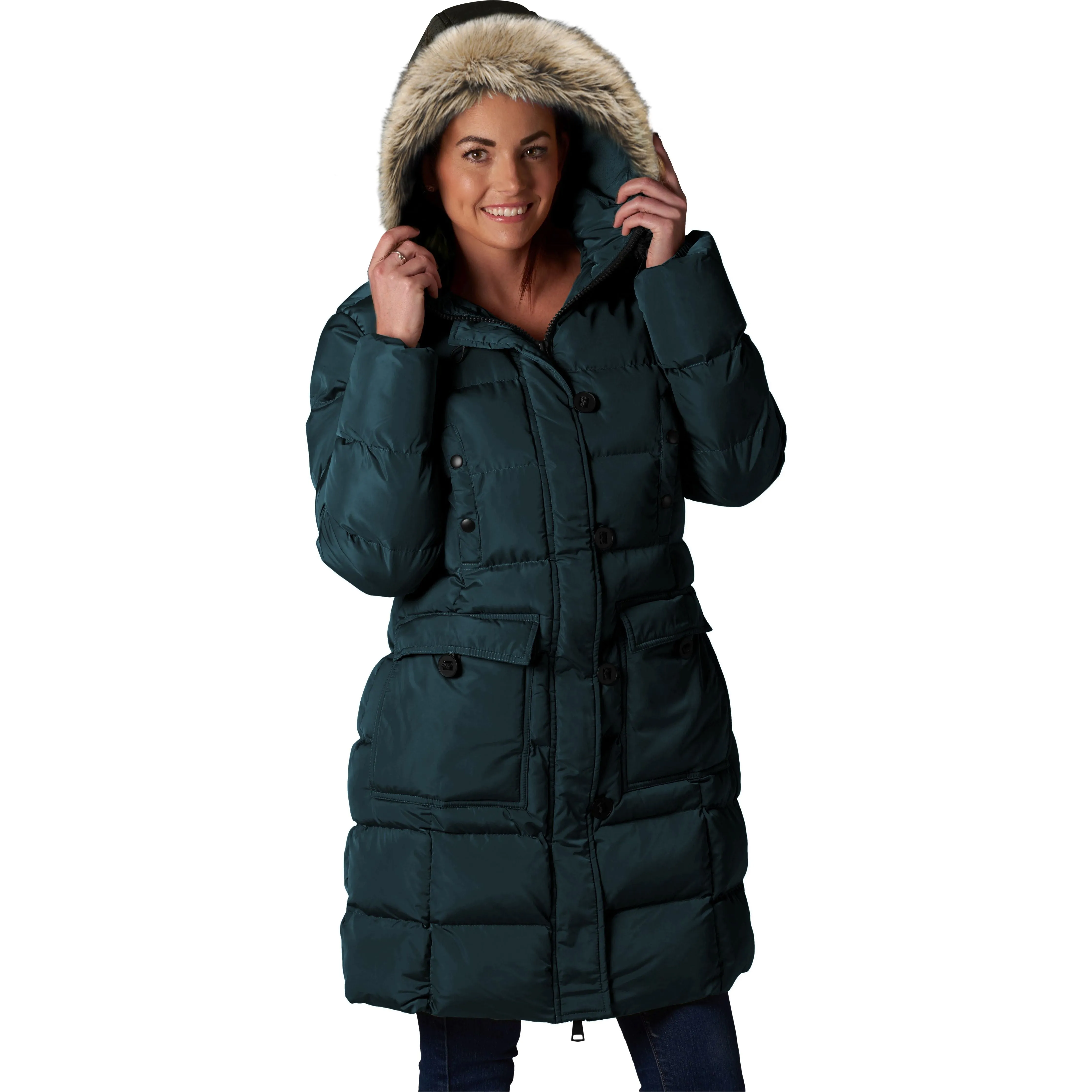 ELORA Women's Winter Vegan Down Puffer Parka Mid Length Cargo Seven Pocket Coat Faux-Fur Trim