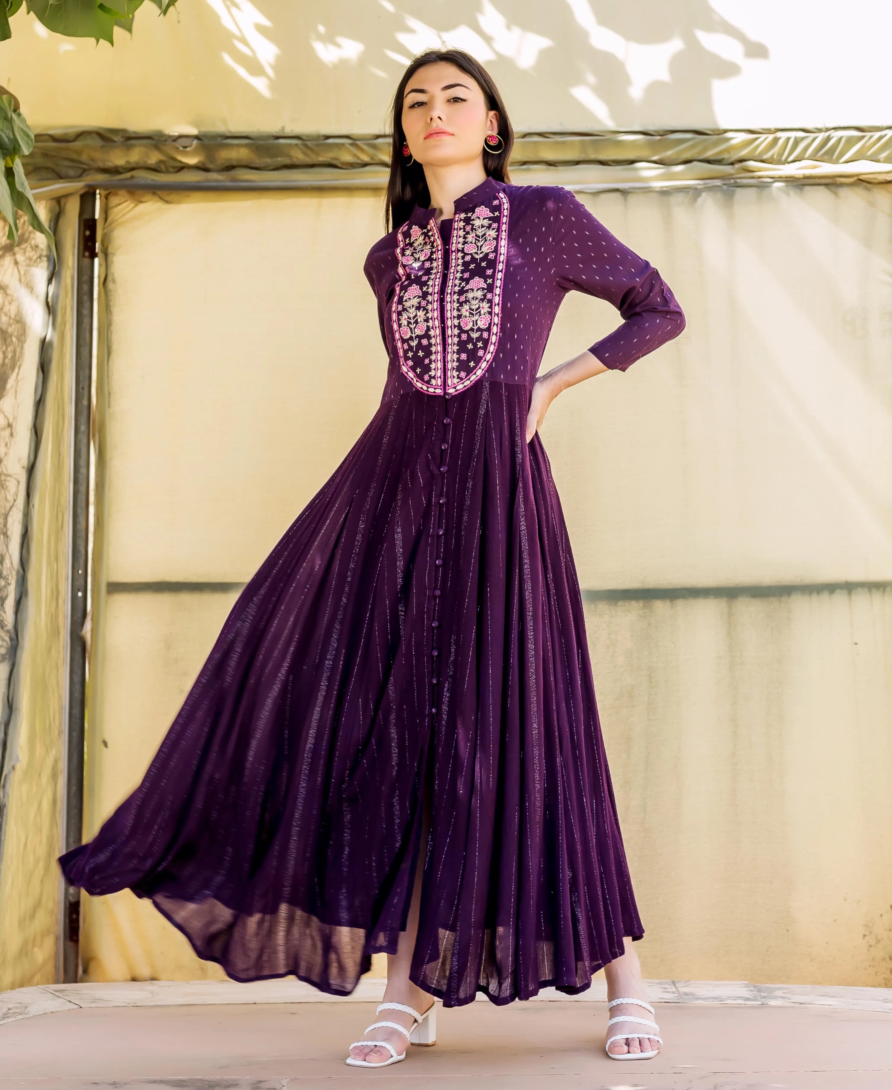 Farha Wine Lurex Embroidered Anarkali Dress