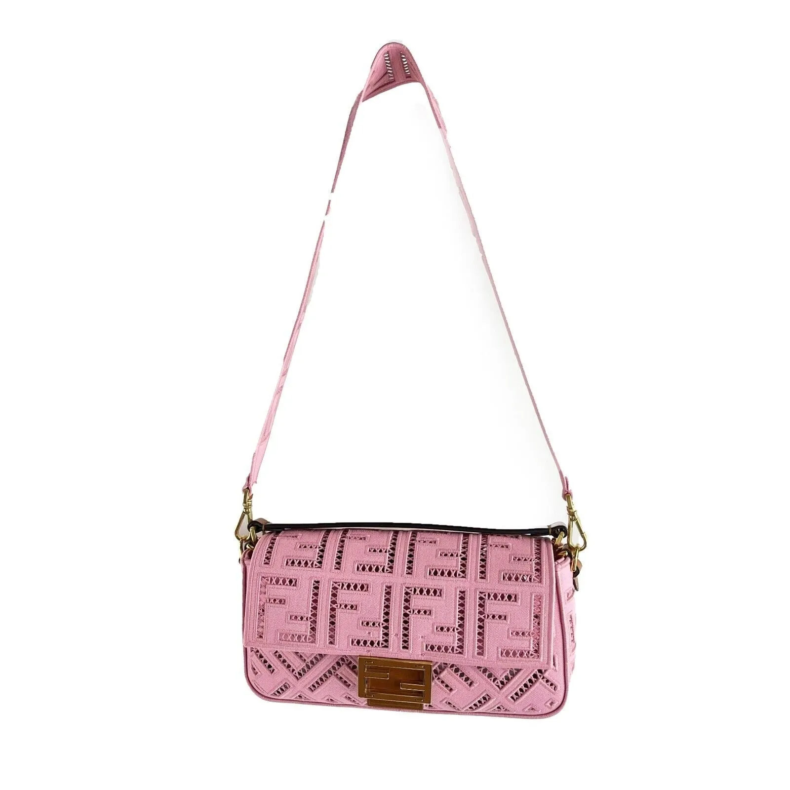 Fendi Baguette NM Openwork Pink Medium Embroidered Canvas Baguette