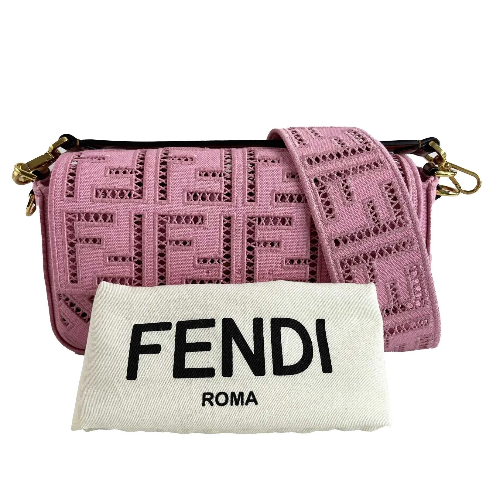 Fendi Baguette NM Openwork Pink Medium Embroidered Canvas Baguette