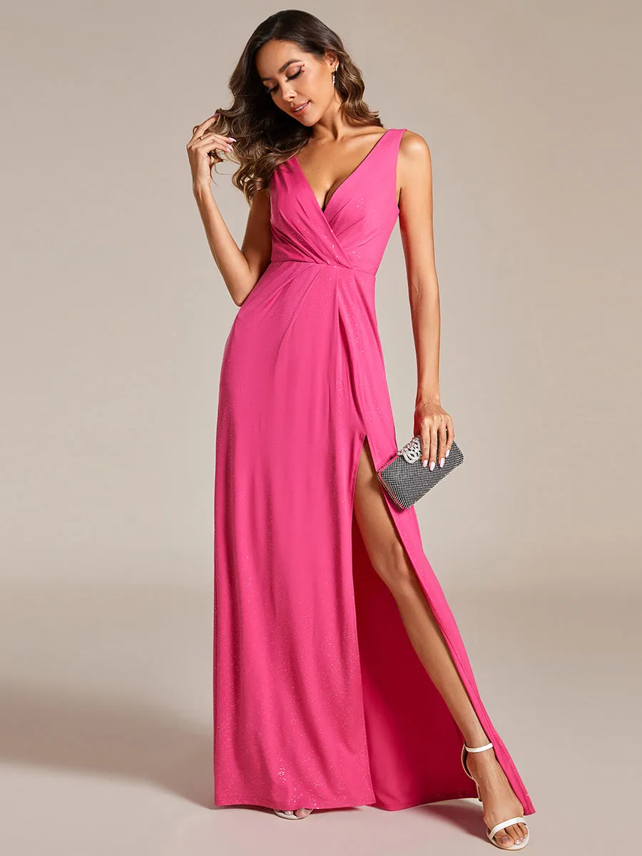 Floor Length V Neck Shimmery Wholesale Evening Dresses With Side Split