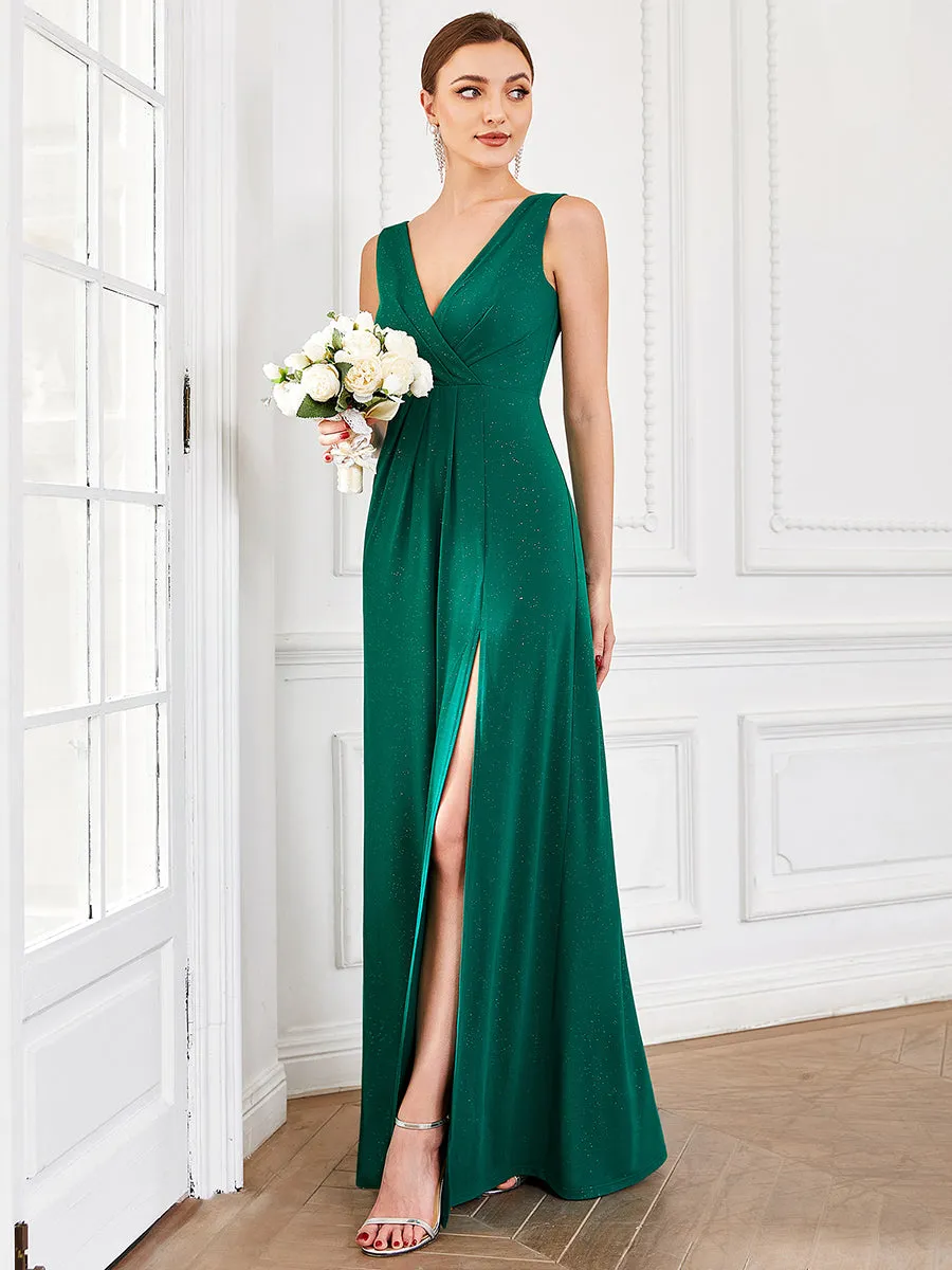 Floor Length V Neck Shimmery Wholesale Evening Dresses With Side Split