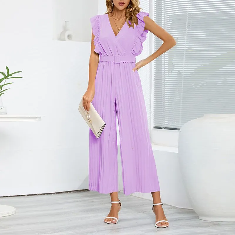 Formal Belted Ruffle Pleated V Neck Wide Leg Palazzo Jumpsuits For Women