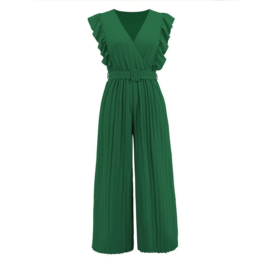 Formal Belted Ruffle Pleated V Neck Wide Leg Palazzo Jumpsuits For Women