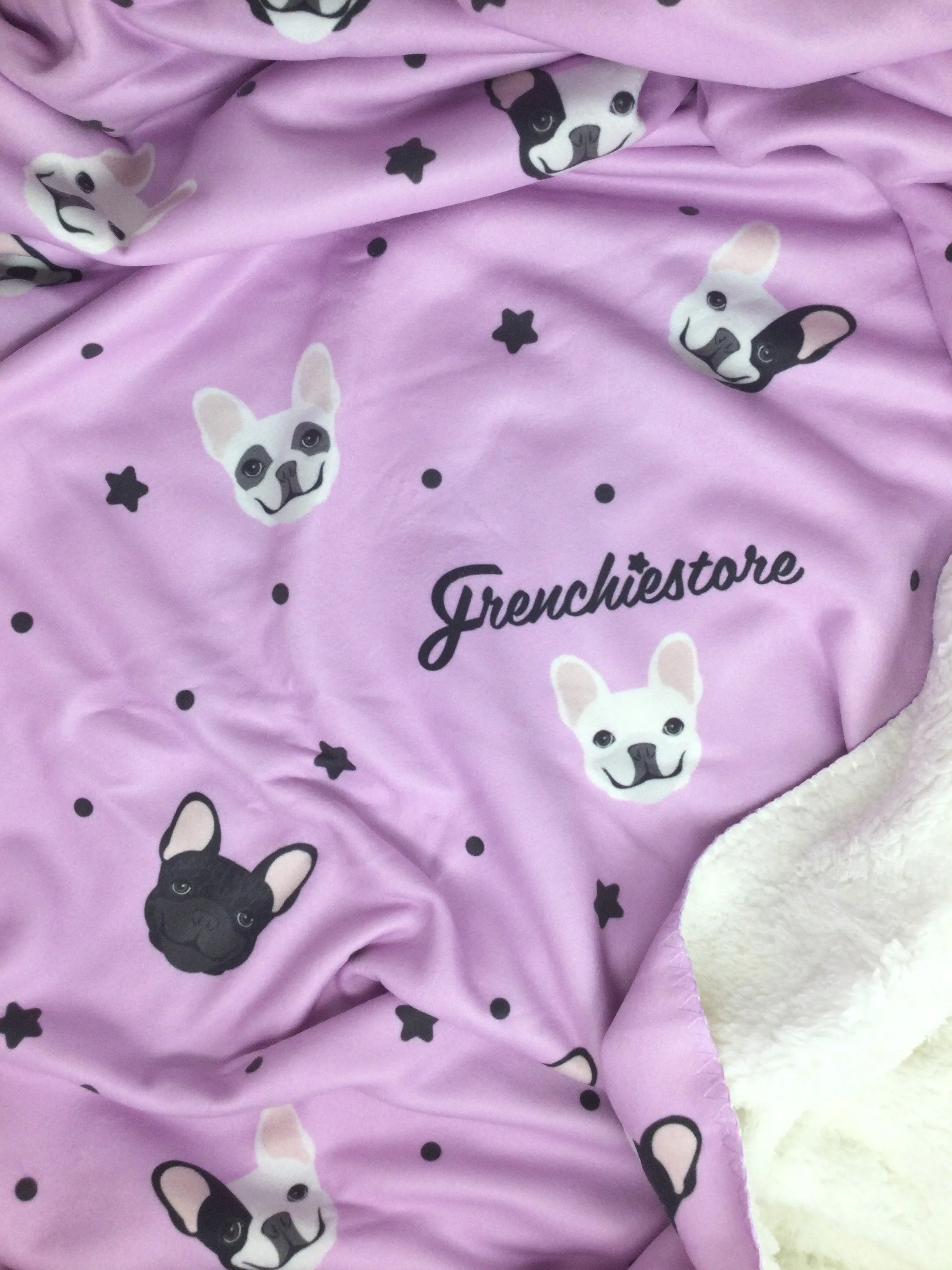 Frenchie Blanket |  French Bulldogs and stars on Lavender