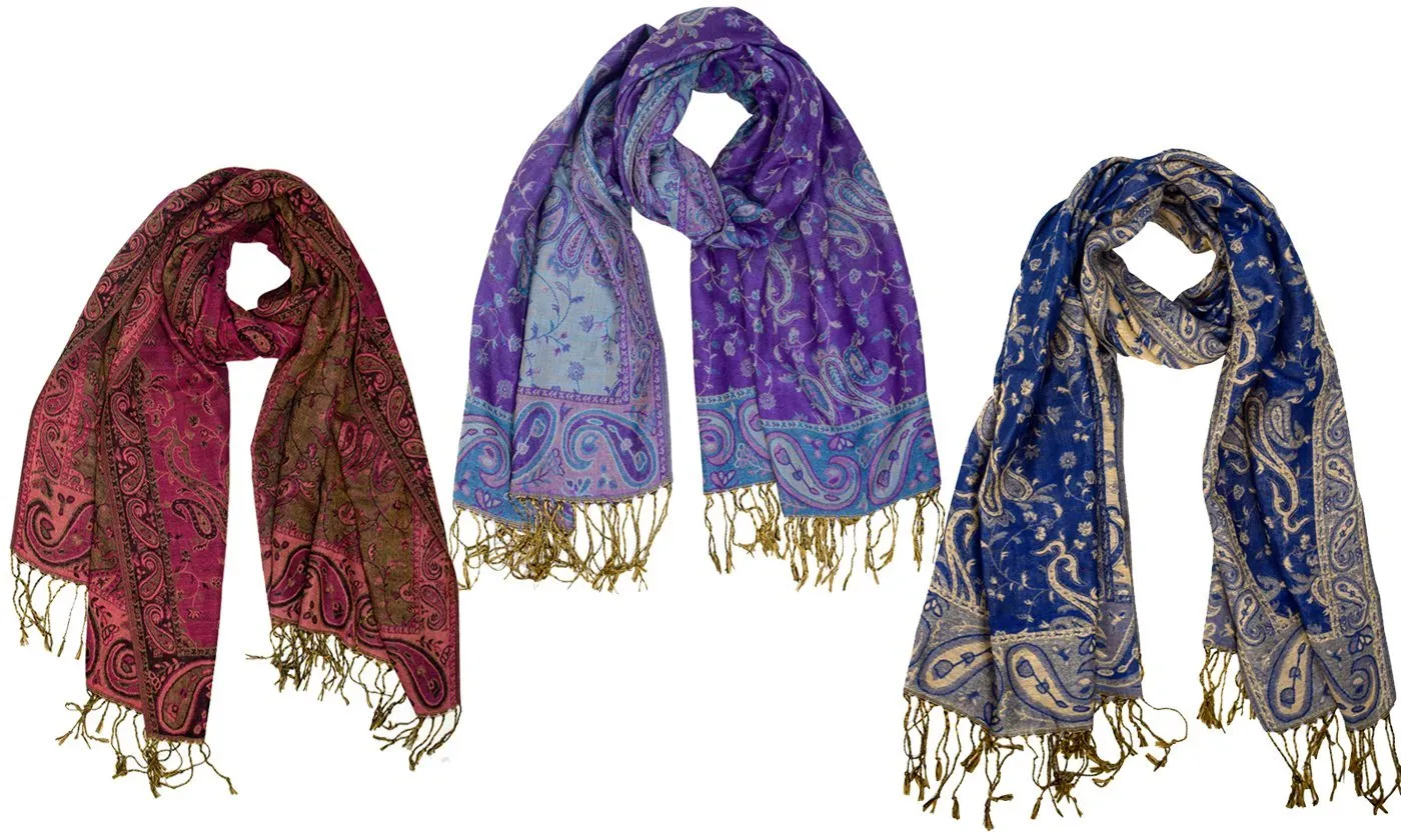 Fuchsia/Eggplant/Blue 3 Pack Elegant Reversible Paisley Pashmina Shawl Wrap Multi-Packs