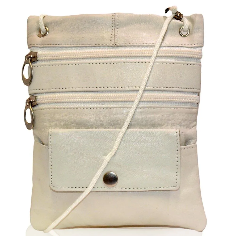 Genuine Leather Multi-Pocket Crossbody Purse Bag - Beige