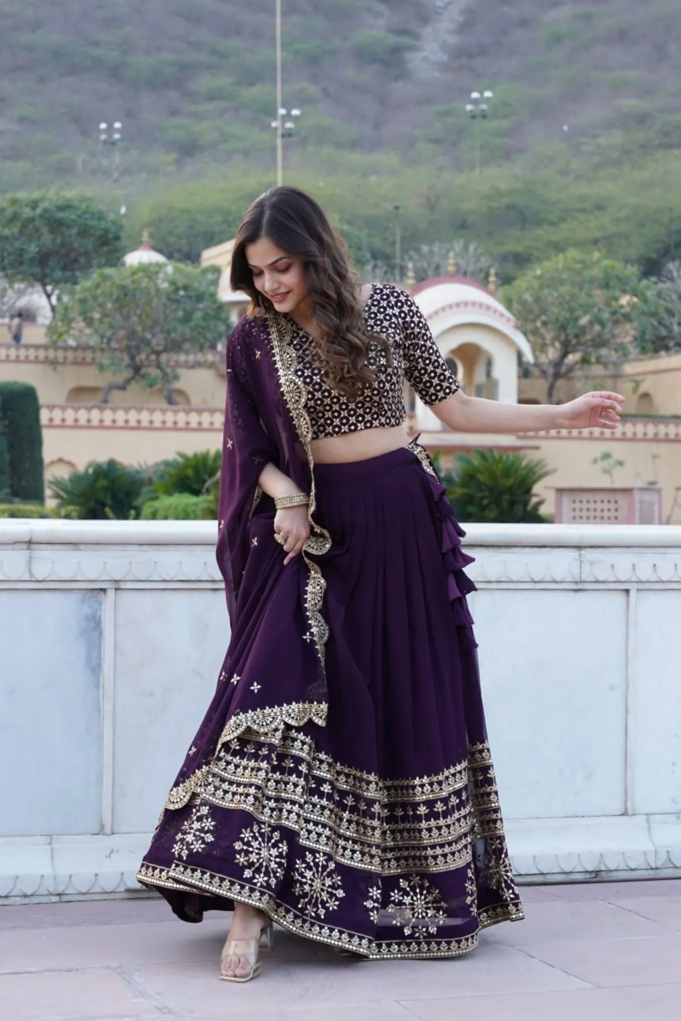 Georgette Flared Lehenga Choli With Sequins And Embroidered Work