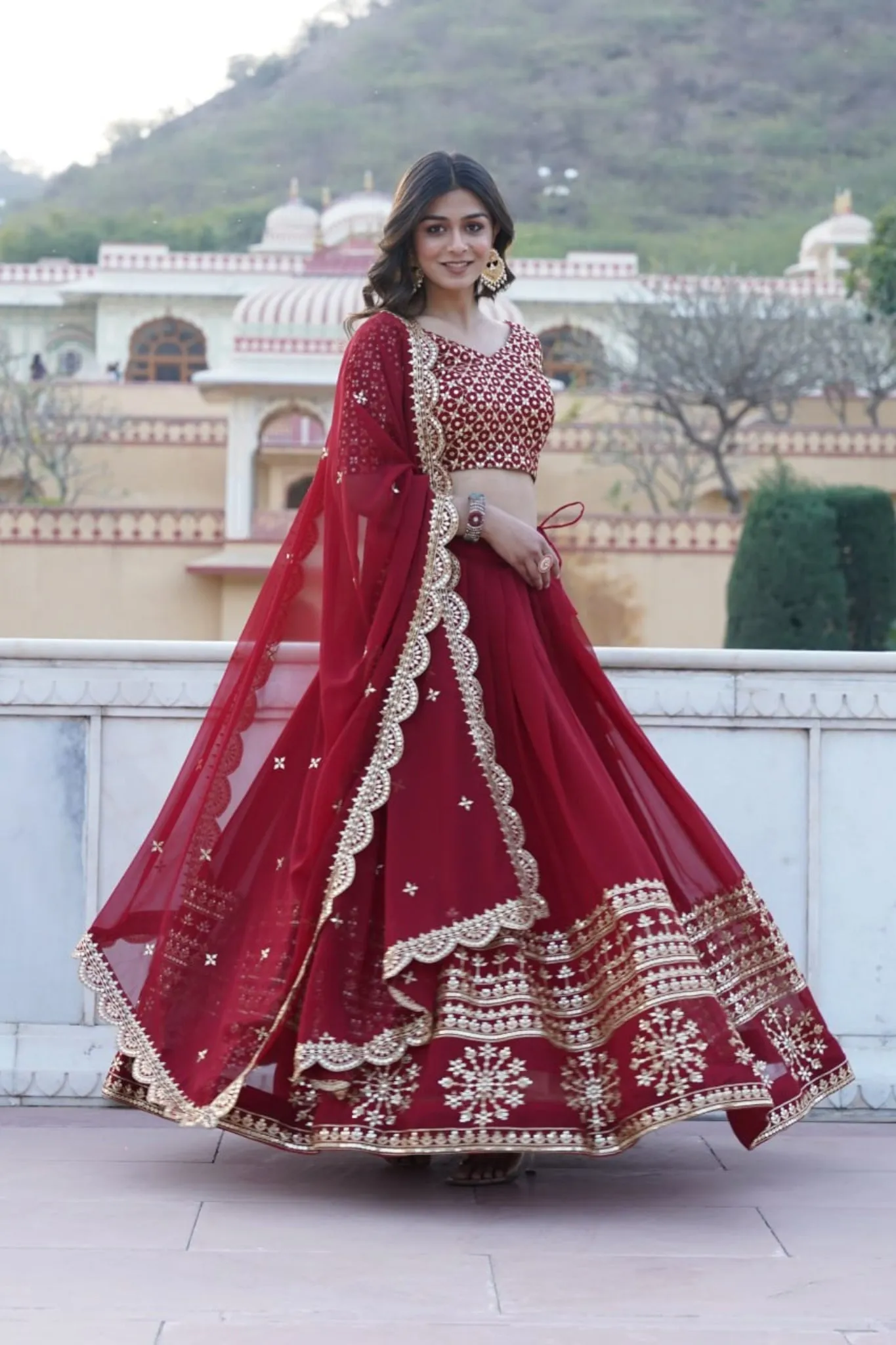 Georgette Flared Lehenga Choli With Sequins And Embroidered Work