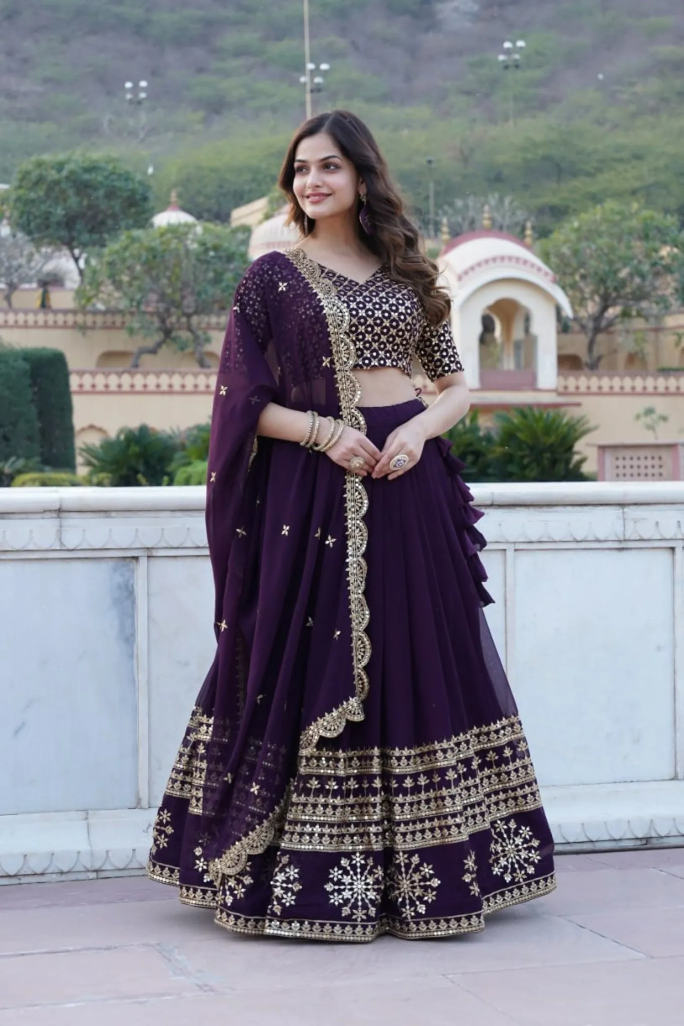 Georgette Flared Lehenga Choli With Sequins And Embroidered Work