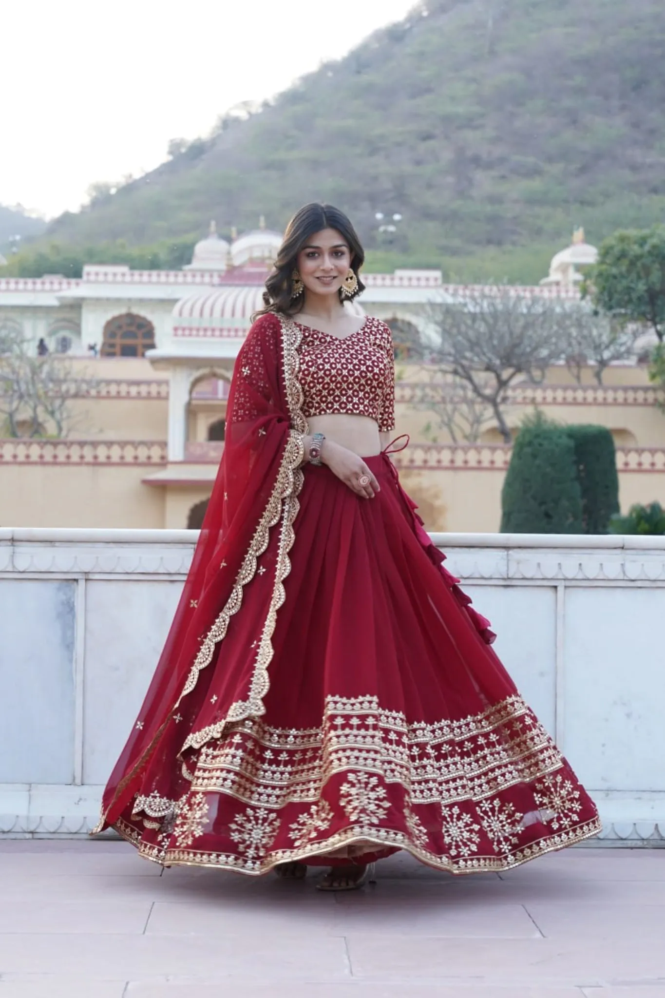 Georgette Flared Lehenga Choli With Sequins And Embroidered Work